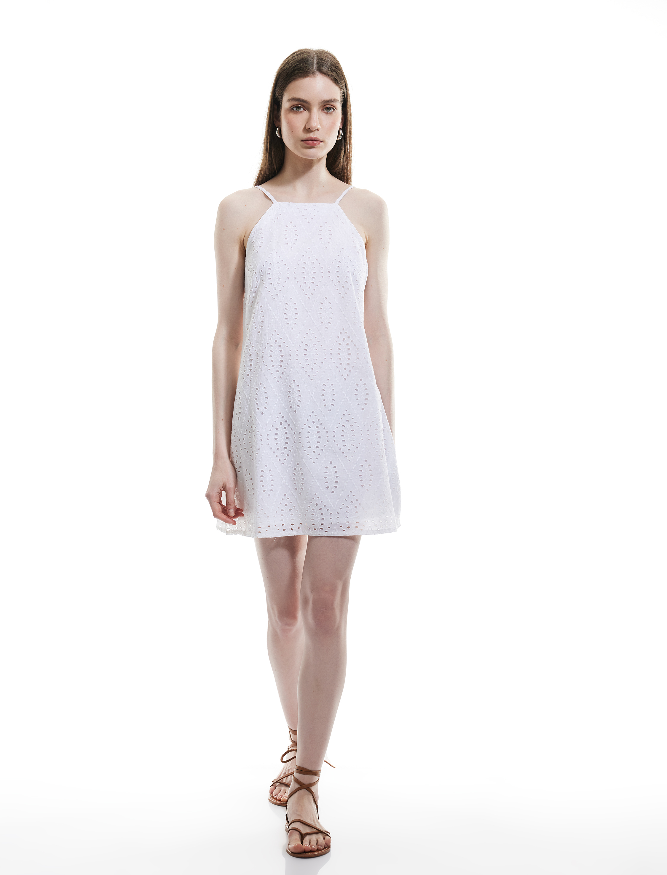   Pamuklu A Kesim Mini Halter Yaka İnce Askılı Fisto Elbise