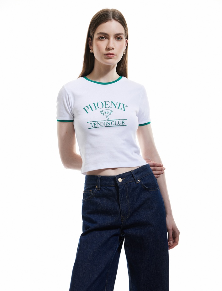  Pamuklu Kısa Kollu Bisiklet Yaka Tenis Temalı Baskılı Kadın Tişört