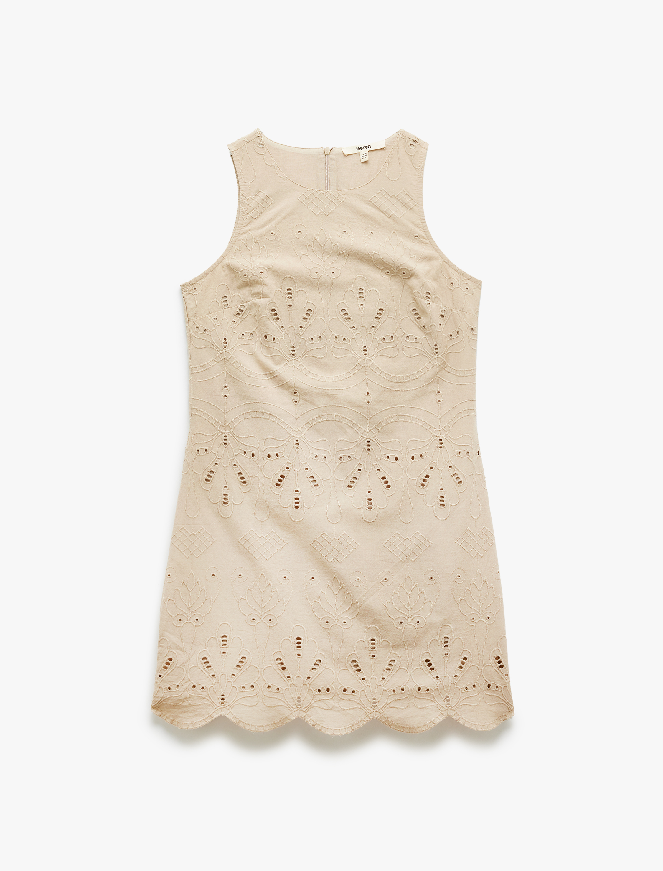   Pamuklu Astarlı Fistolu Brodeli Kolsuz Mini Halter Yaka Elbise