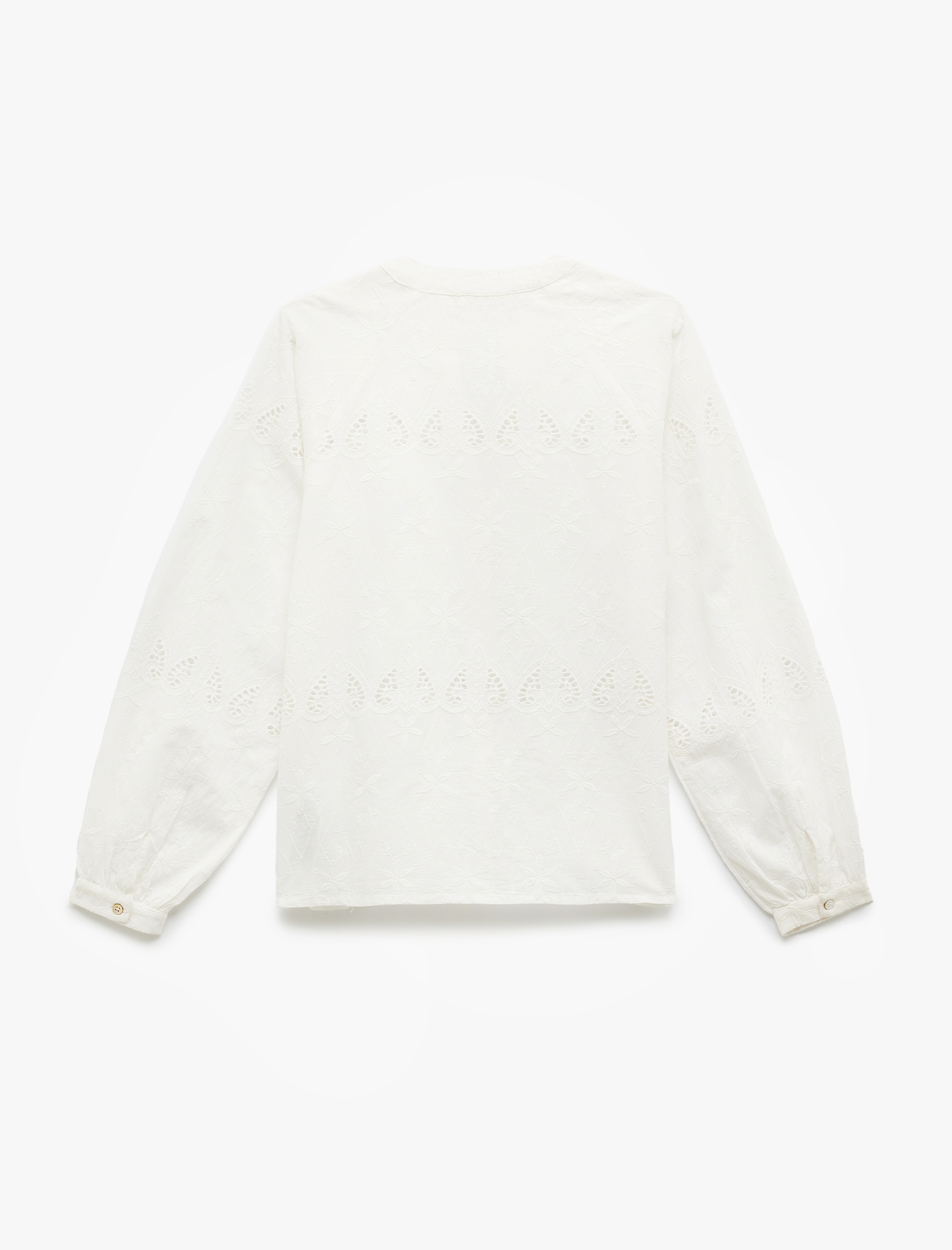   Pamuklu Yuvarlak Yaka Uzun Balon Kollu Fistolu Brodeli Gömlek