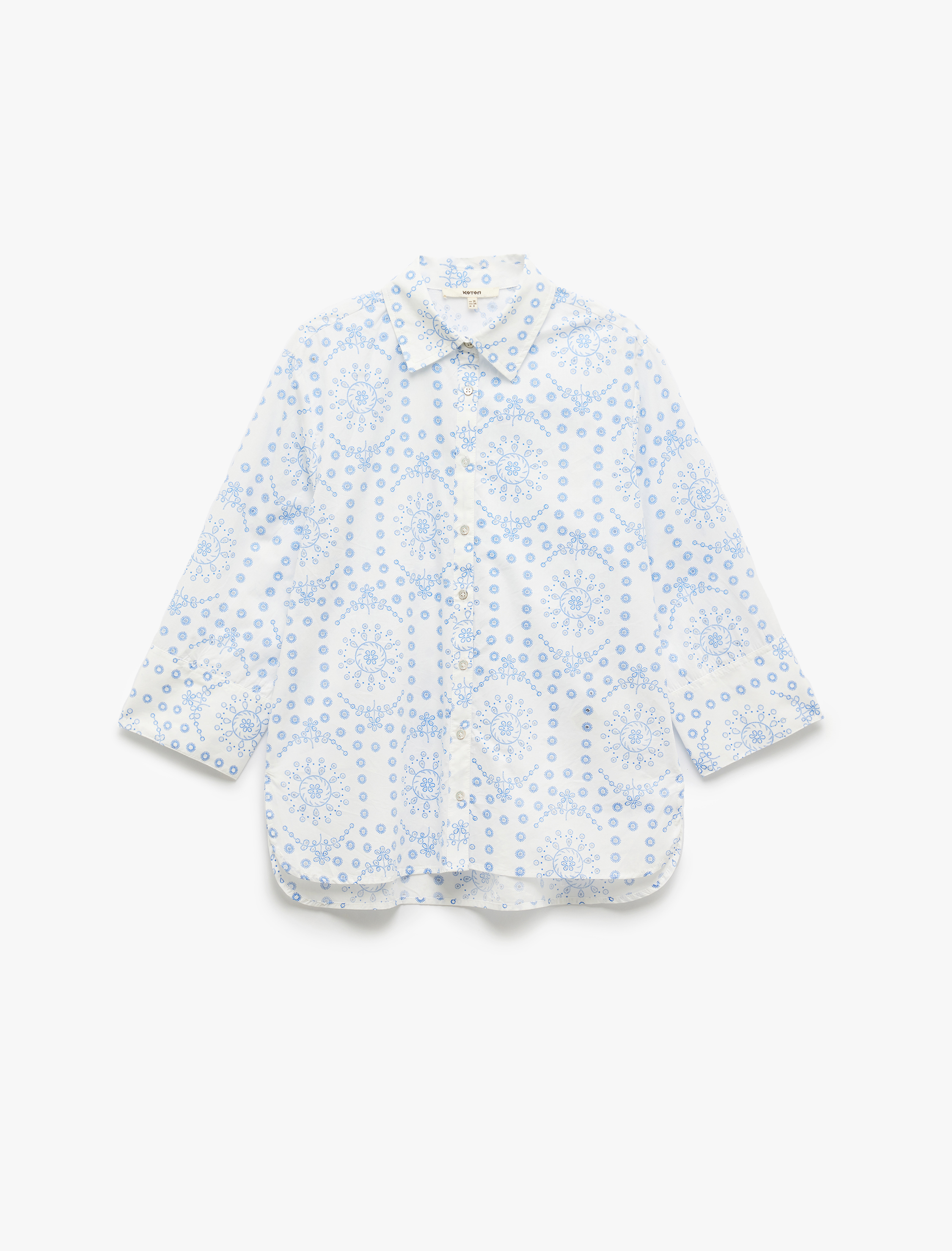   Pamuklu 3/4 Kol Klasik Yaka Etnik Desenli Uzun Poplin Gömlek