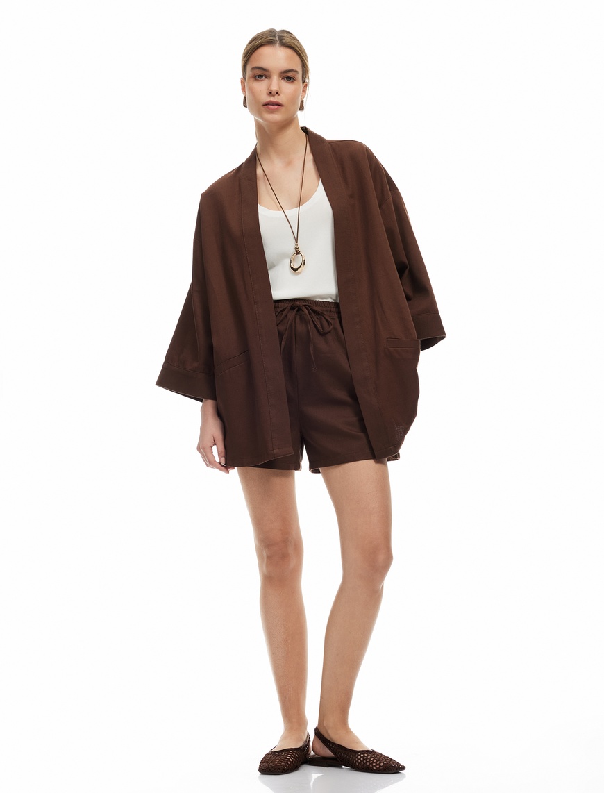   Pamuklu Cepli 3/4 Geniş Kol Oversize Kimono