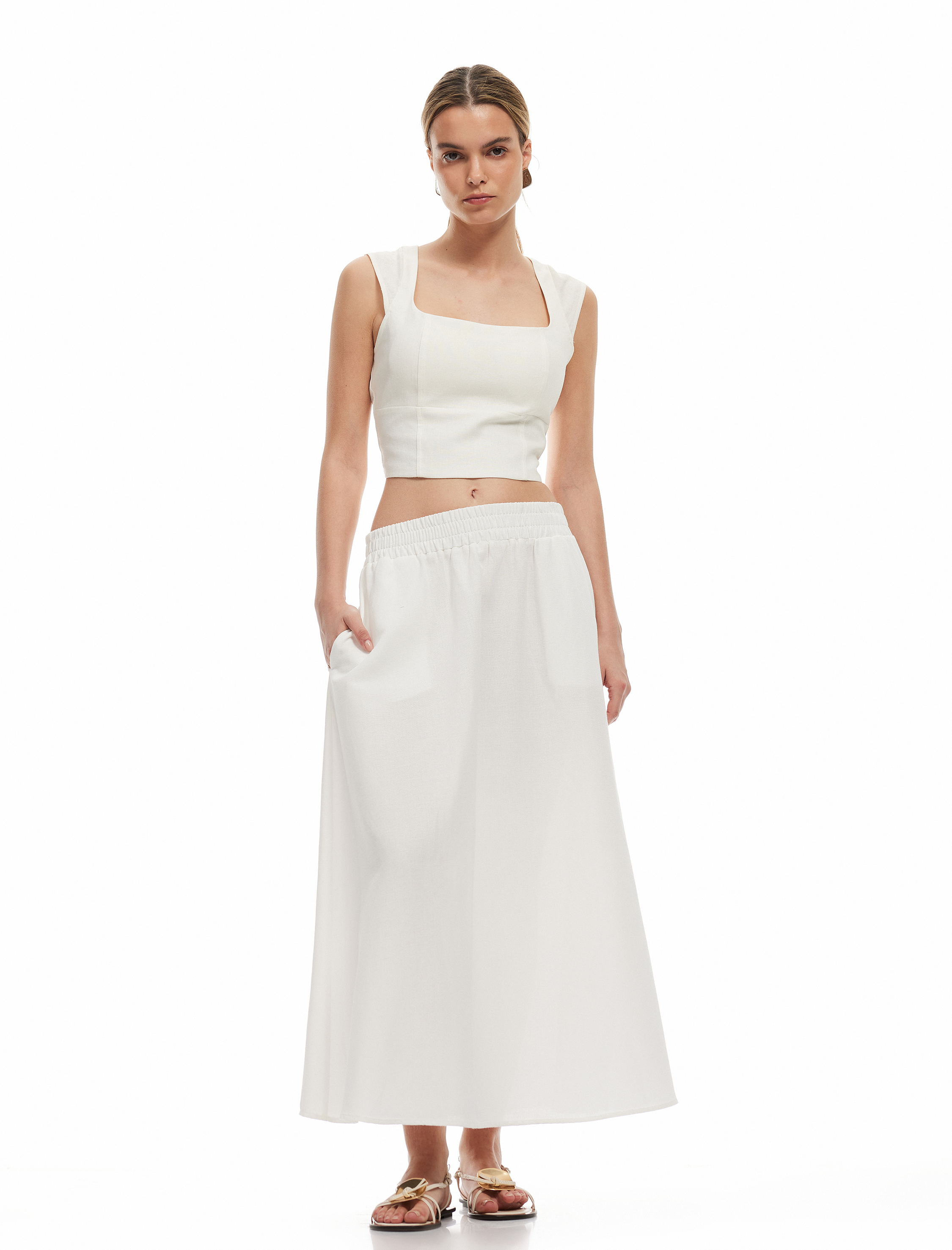   Rahat Kalıp Viskon-Keten Karışımlı Cepli Uzun Kloş Etek