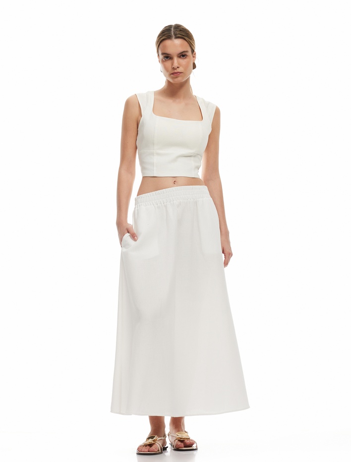  Rahat Kalıp Viskon-Keten Karışımlı Cepli Uzun Kloş Etek