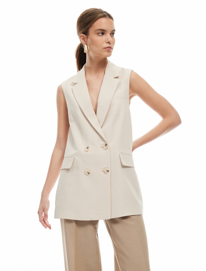  Viskon-Keten Karışımlı Kolsuz Kruvaze Oversize Blazer Yelek