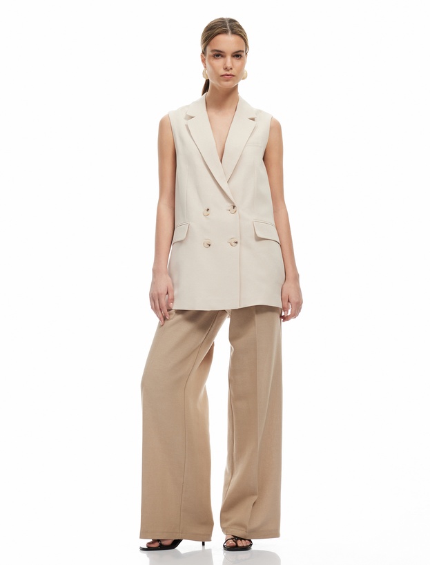 Viskon-Keten Karışımlı Kolsuz Kruvaze Oversize Blazer Yelek_2