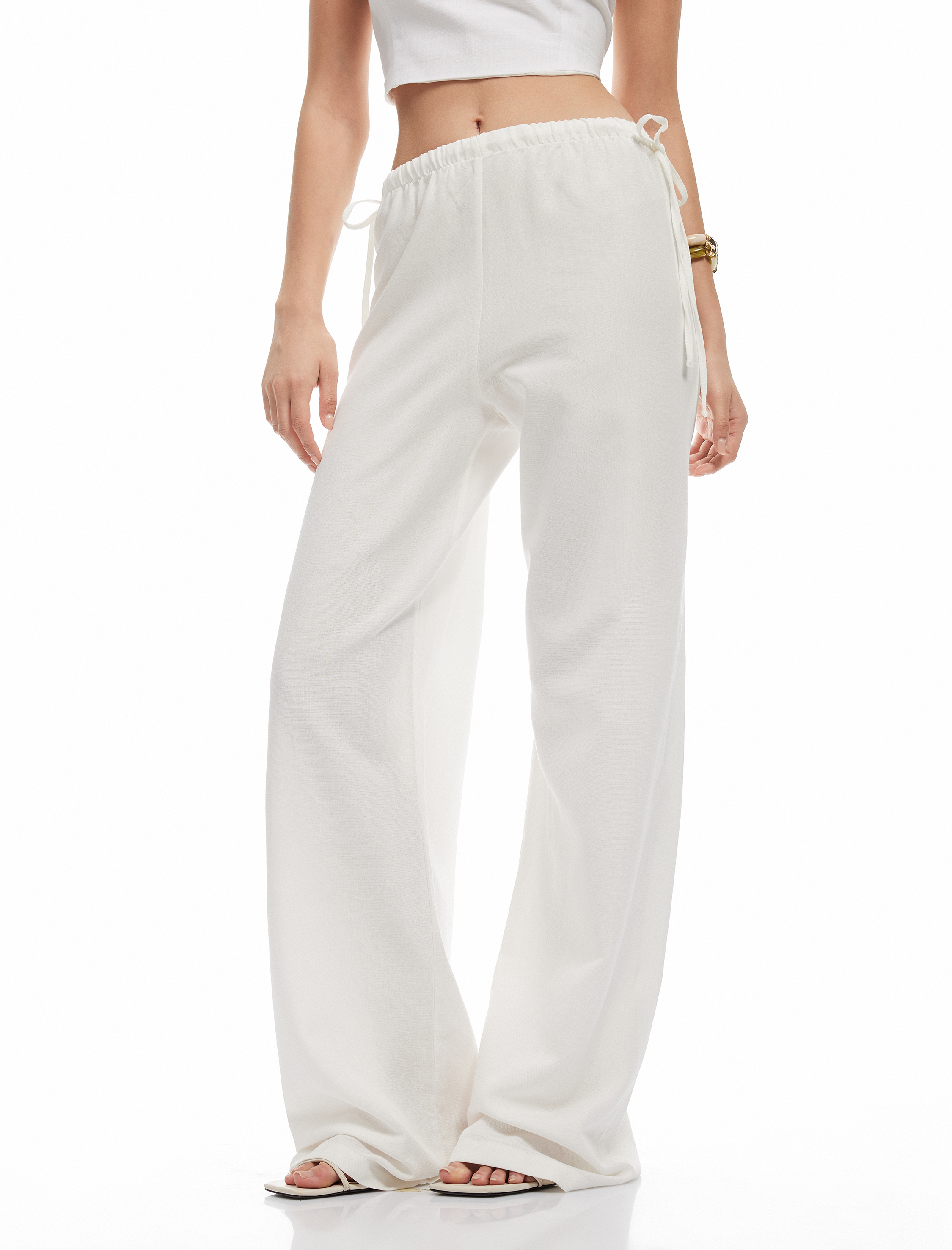 Viskon Keten Karışımlı Yanları Bağlama Detaylı Geniş Paça Pantolon