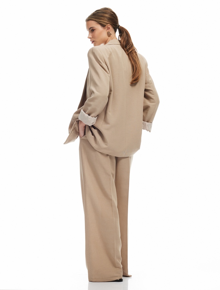  Kapaklı Çift Cepli Kruvaze Viskon Keten Karışımlı Blazer Ceket