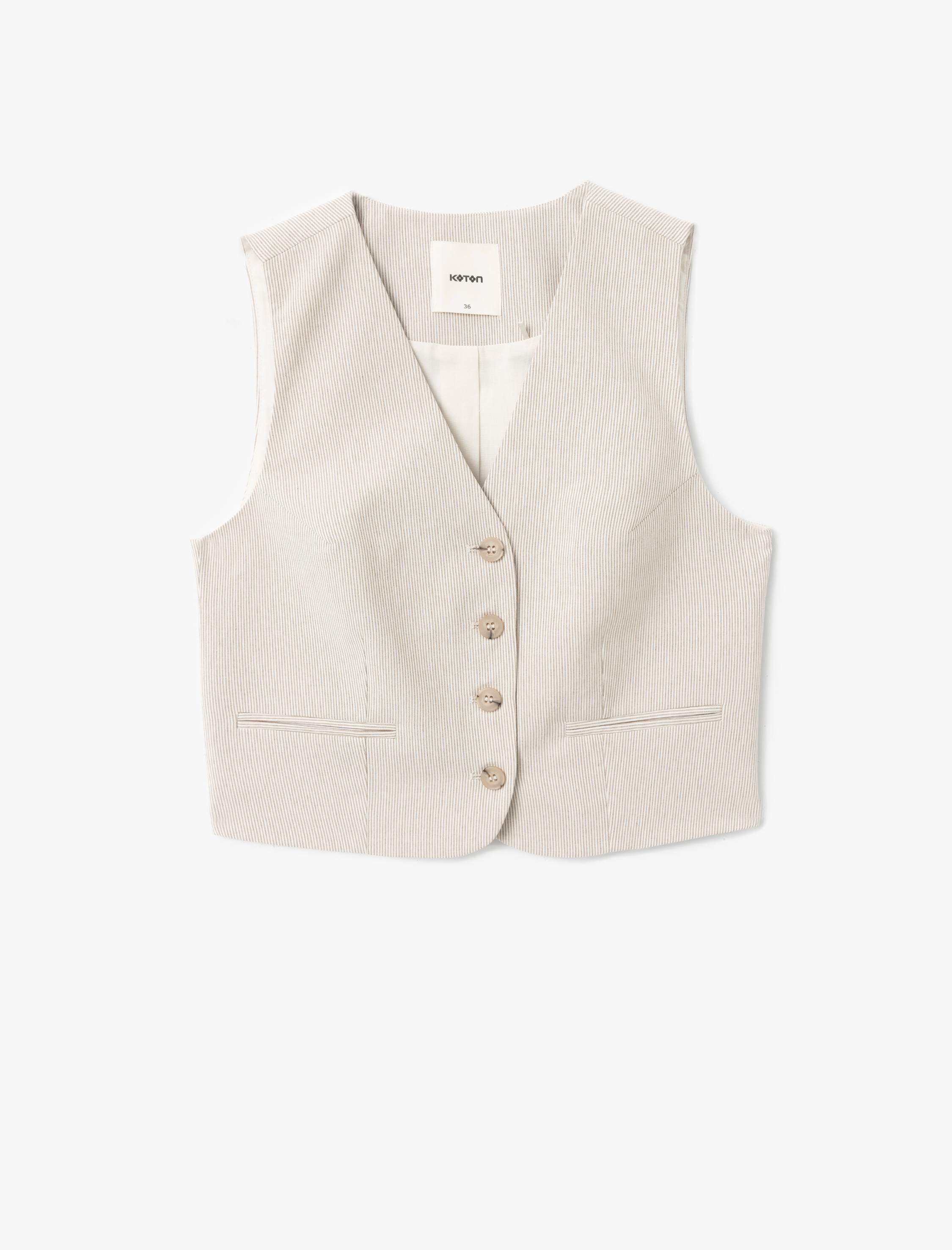   V Yaka Düğmeli Çizgili Blazer Yelek