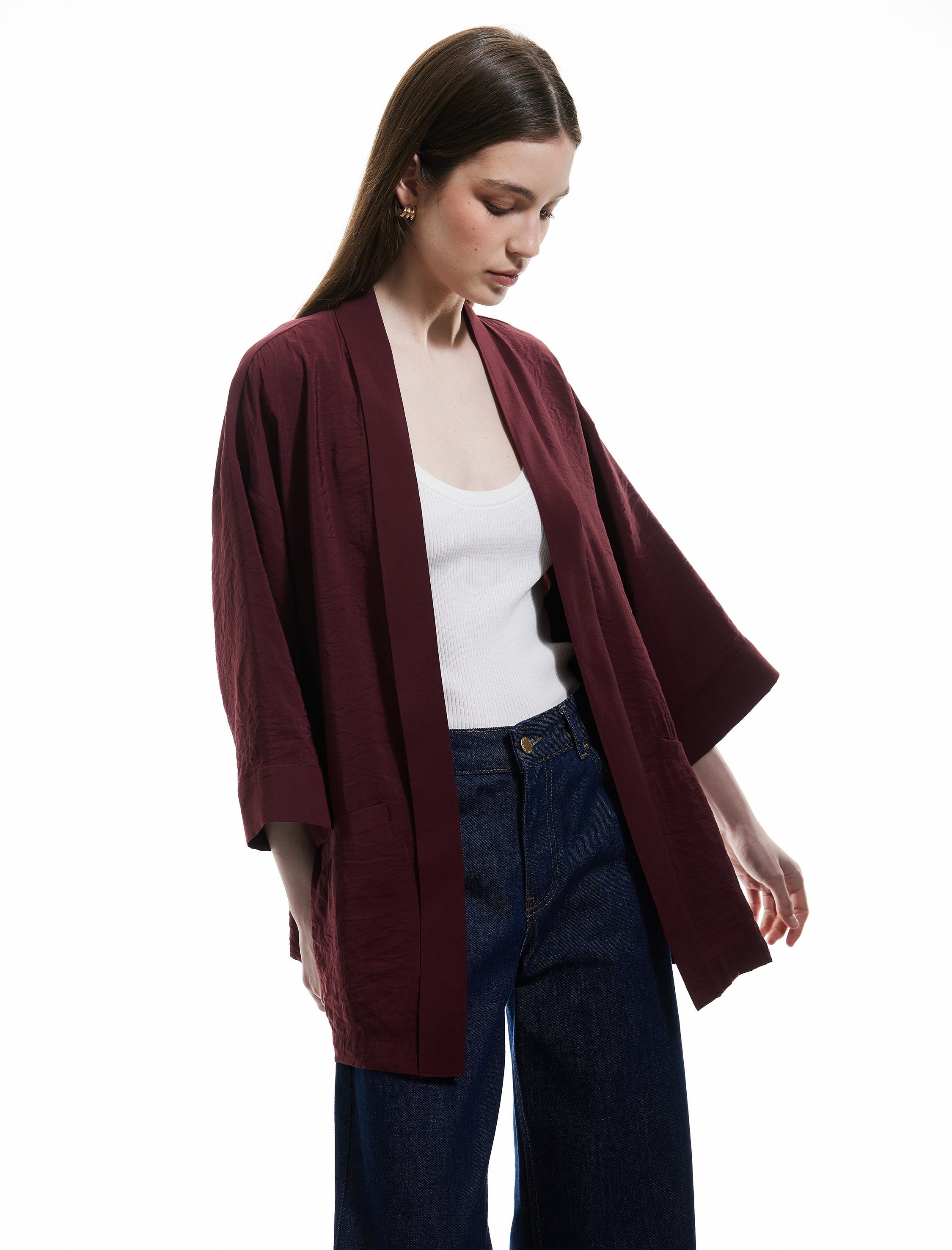 Koton Kadın Modal Kumaş Cepli 3/4 Geniş Kollu Kimono -1
