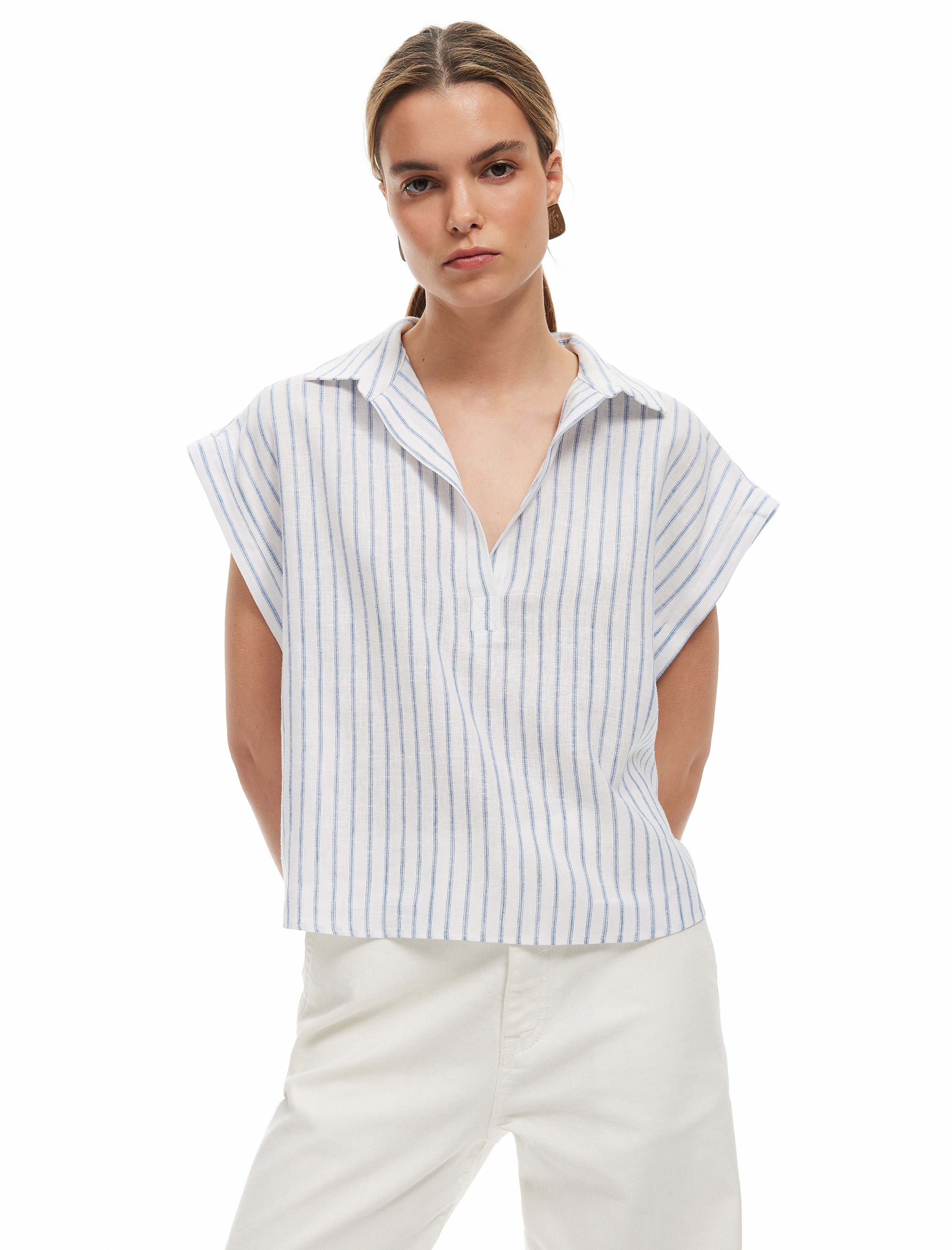   Viskon Keten Karışımlı Gömlek Yaka Kolsuz Crop Bluz