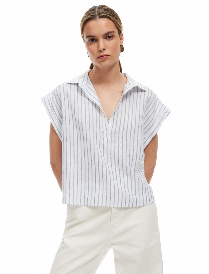  Viskon Keten Karışımlı Gömlek Yaka Kolsuz Crop Bluz