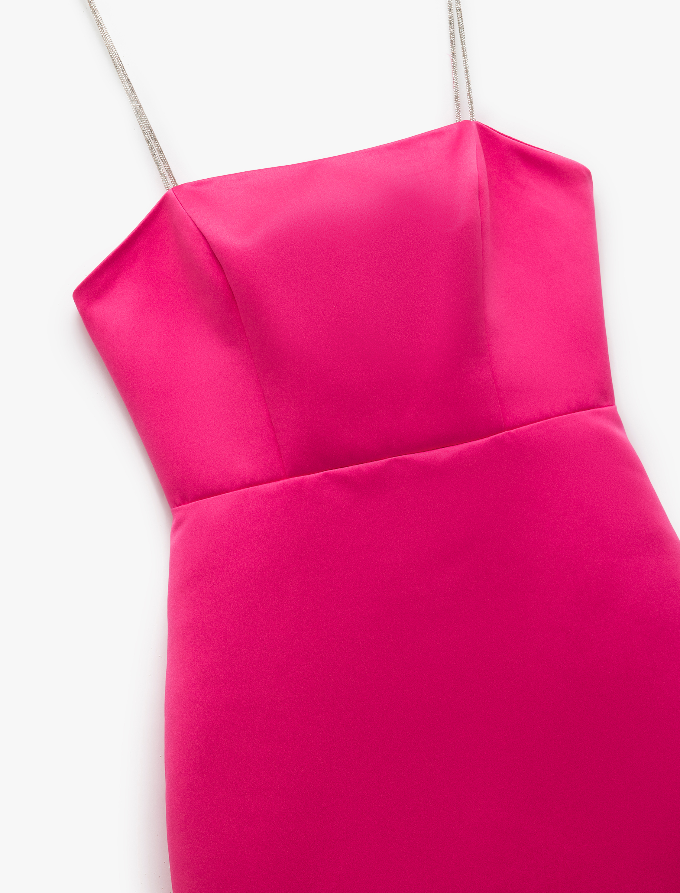 Saten Straplez Yaka Taş Askılı Bodycon Mini Elbise