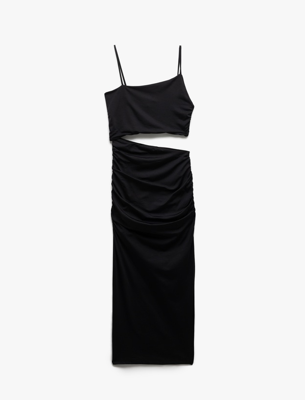 İnce Askılı Yan Pencere Detaylı Midi Bodycon Elbise_2