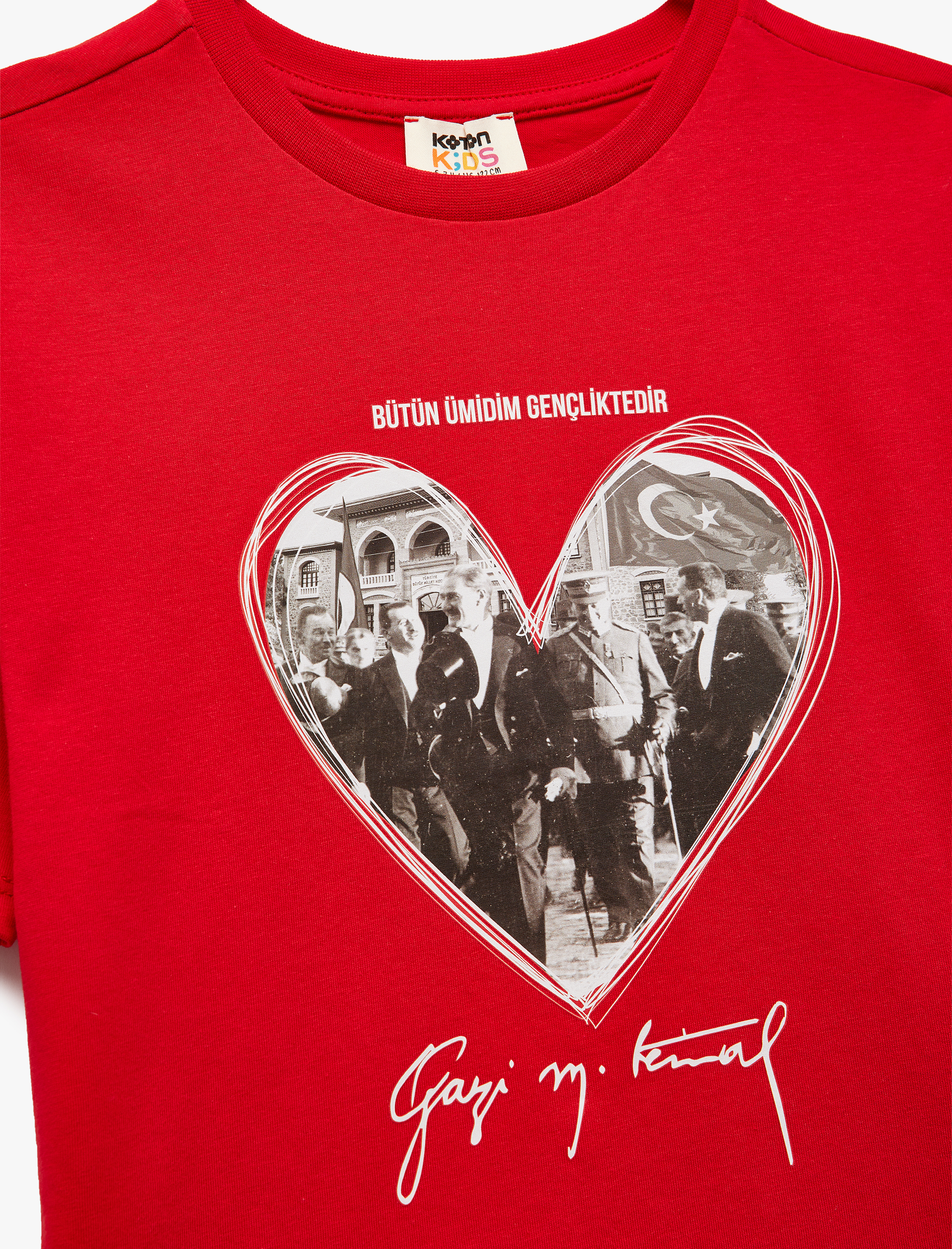 Kız Çocuk Pamuklu Kısa Kollu Bisiklet Yaka Kalpli Atatürk Baskılı Tişört