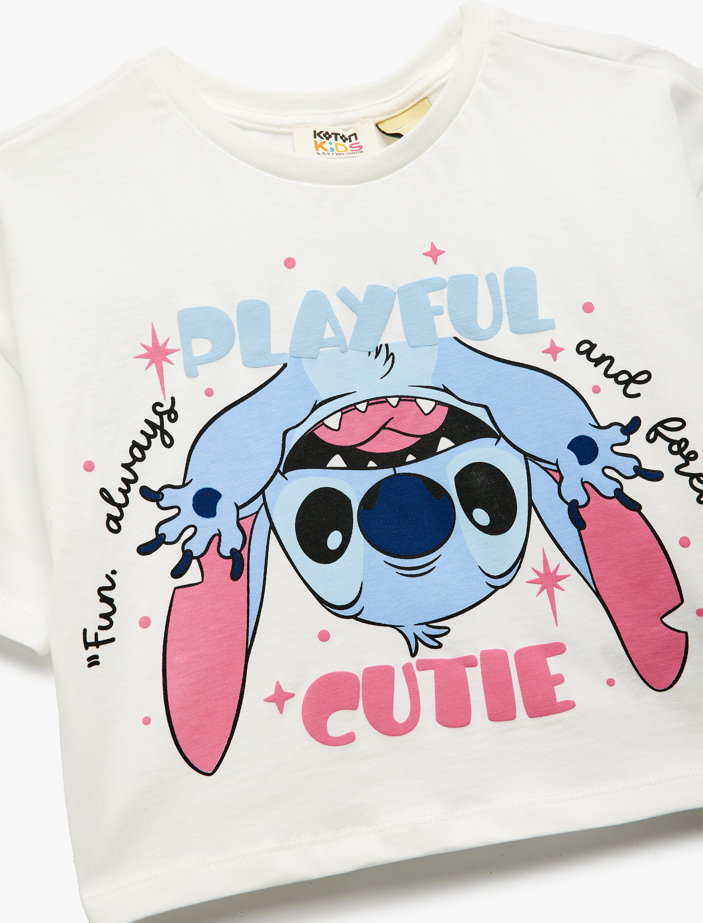  Kız Çocuk Pamuklu Bisiklet Yaka Kısa Kollu Lisanslı Stitch Baskılı Tişört