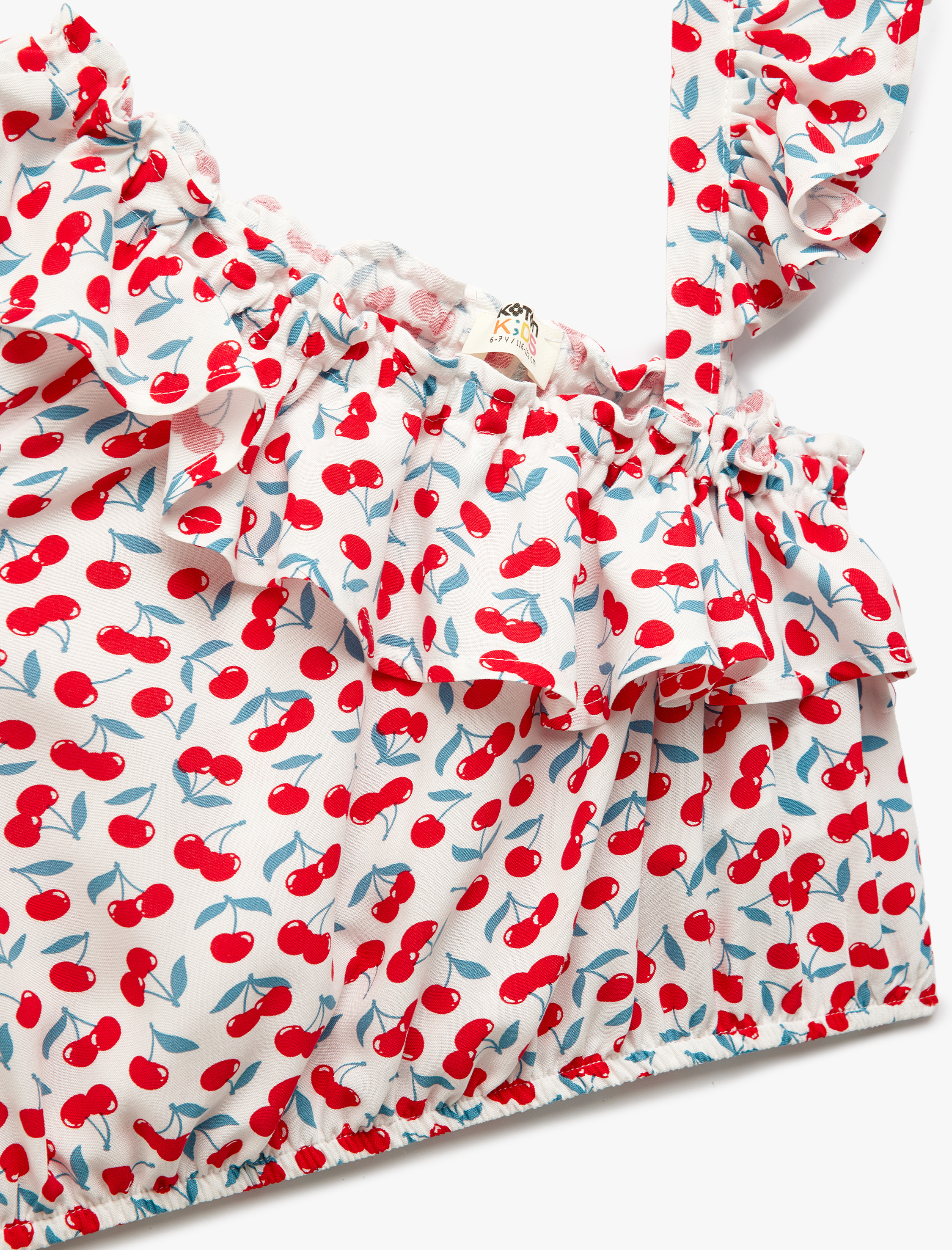  Kız Çocuk Viskon Fırfır Detaylı Asimetrik Askılı Crop Bluz