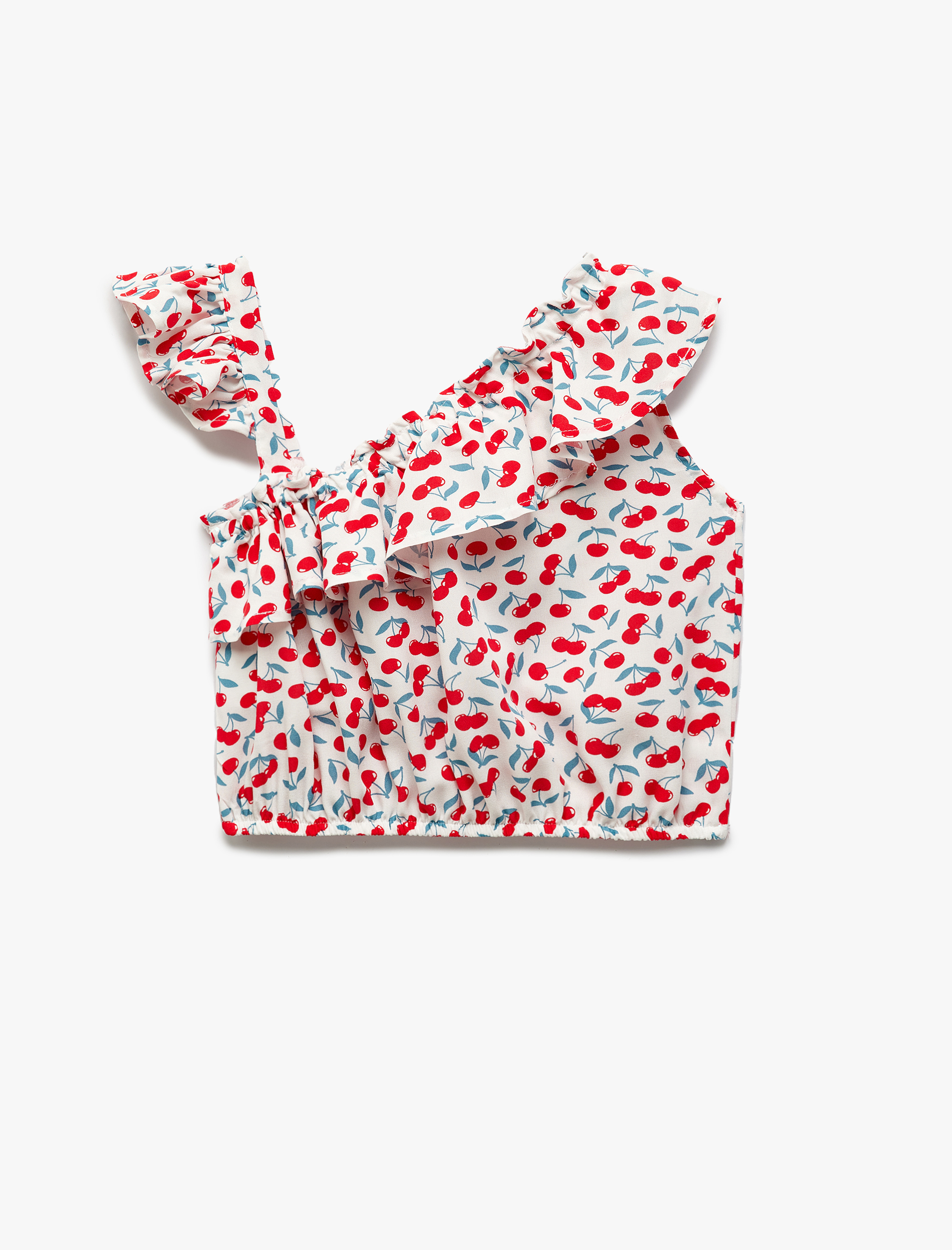  Kız Çocuk Viskon Fırfır Detaylı Asimetrik Askılı Crop Bluz