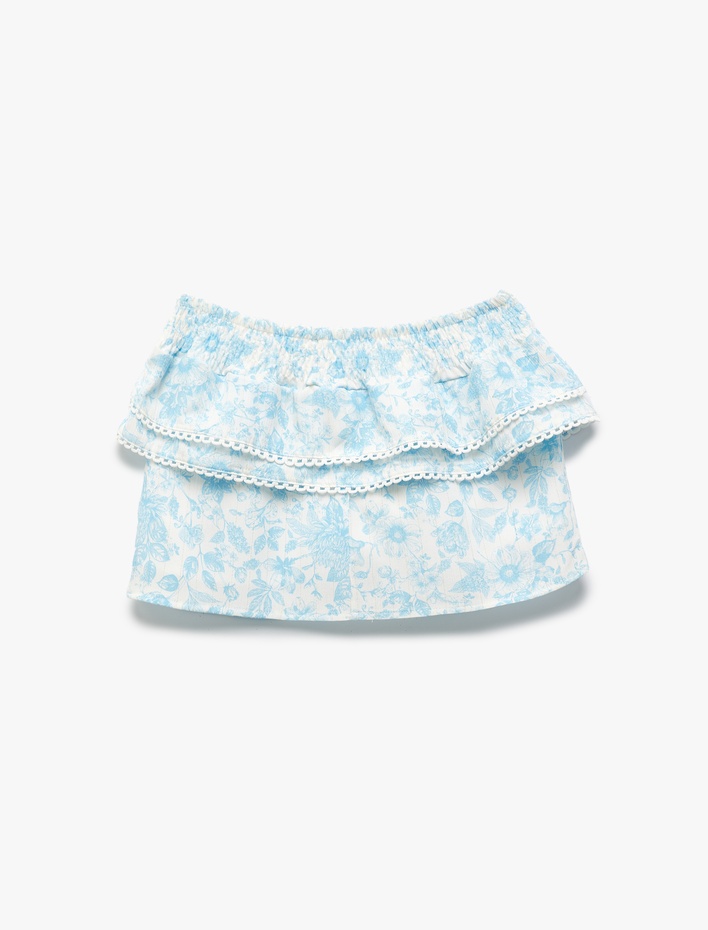 Kız Çocuk Balerin Yaka Çiçek Desenli Çift Kat Fırfırlı Crop Kolsuz Bluz