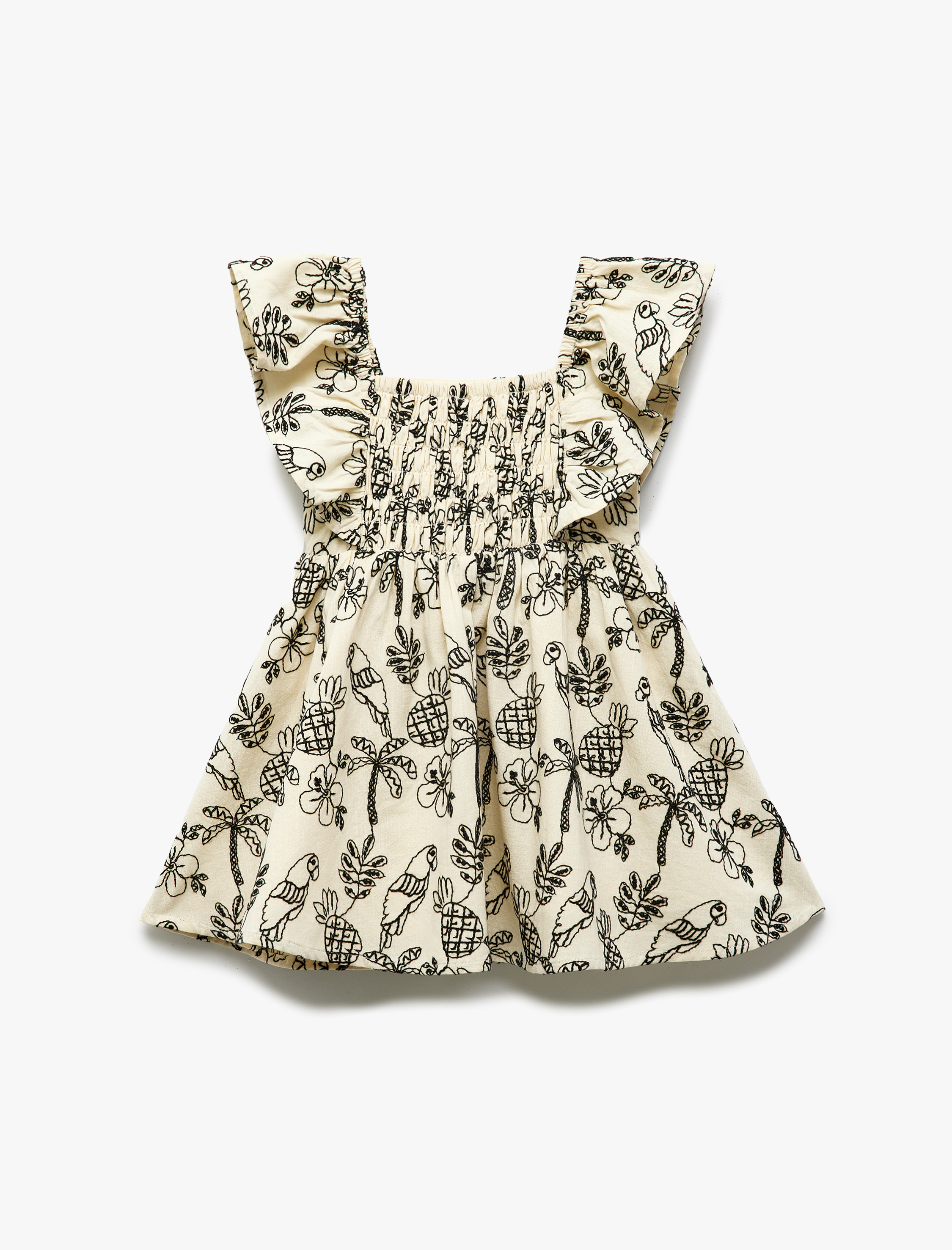  Kız Bebek Pamuklu Kare Yaka Kolsuz Gipe Detaylı İşlemeli Fırfırlı Elbise