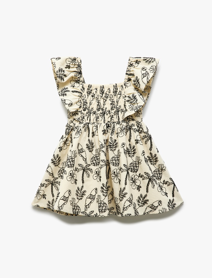 Kız Bebek Pamuklu Kare Yaka Kolsuz Gipe Detaylı İşlemeli Fırfırlı Elbise