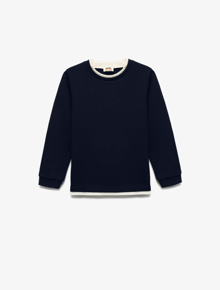  Erkek Çocuk Şardonlu Bisiklet Yaka Çizgili Uzun Kollu Basic Sweatshirt