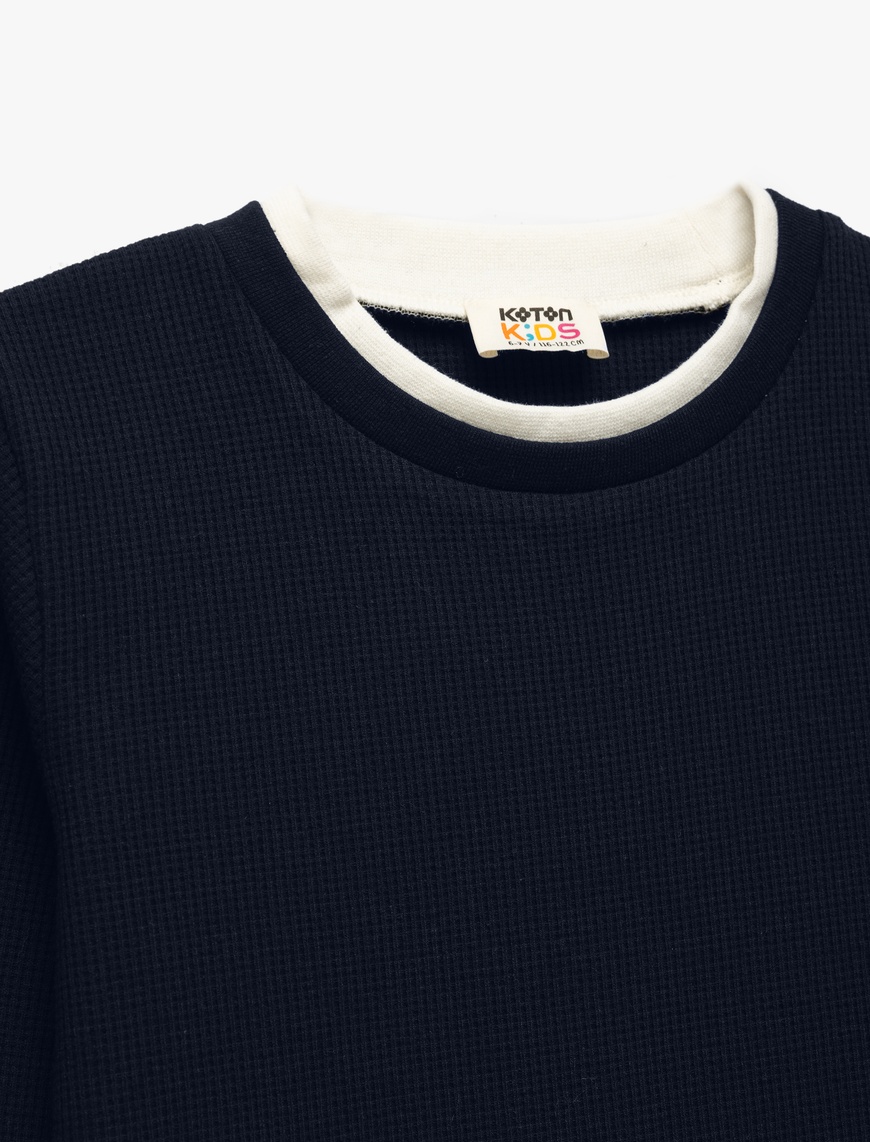  Erkek Çocuk Şardonlu Bisiklet Yaka Çizgili Uzun Kollu Basic Sweatshirt