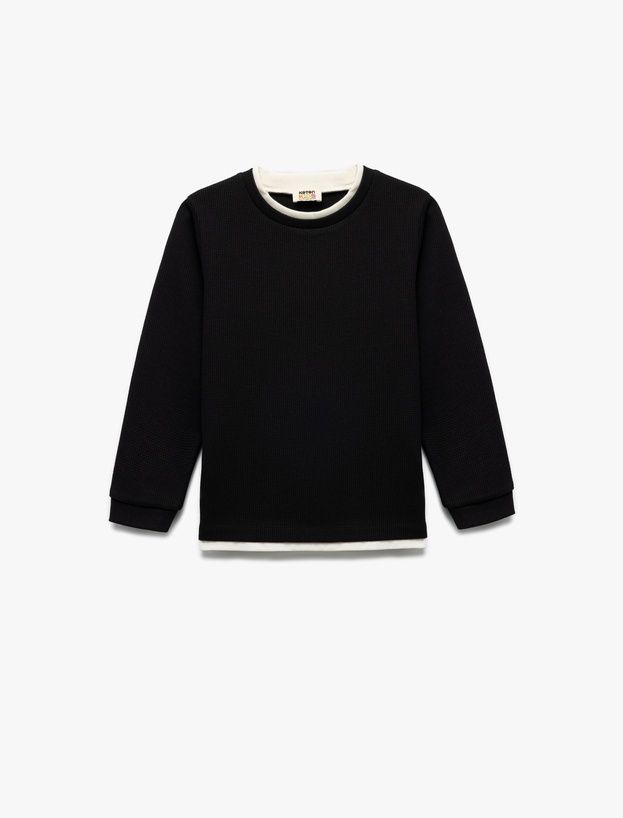 Şardonlu Bisiklet Yaka Çizgili Uzun Kollu Basic Sweatshirt_0