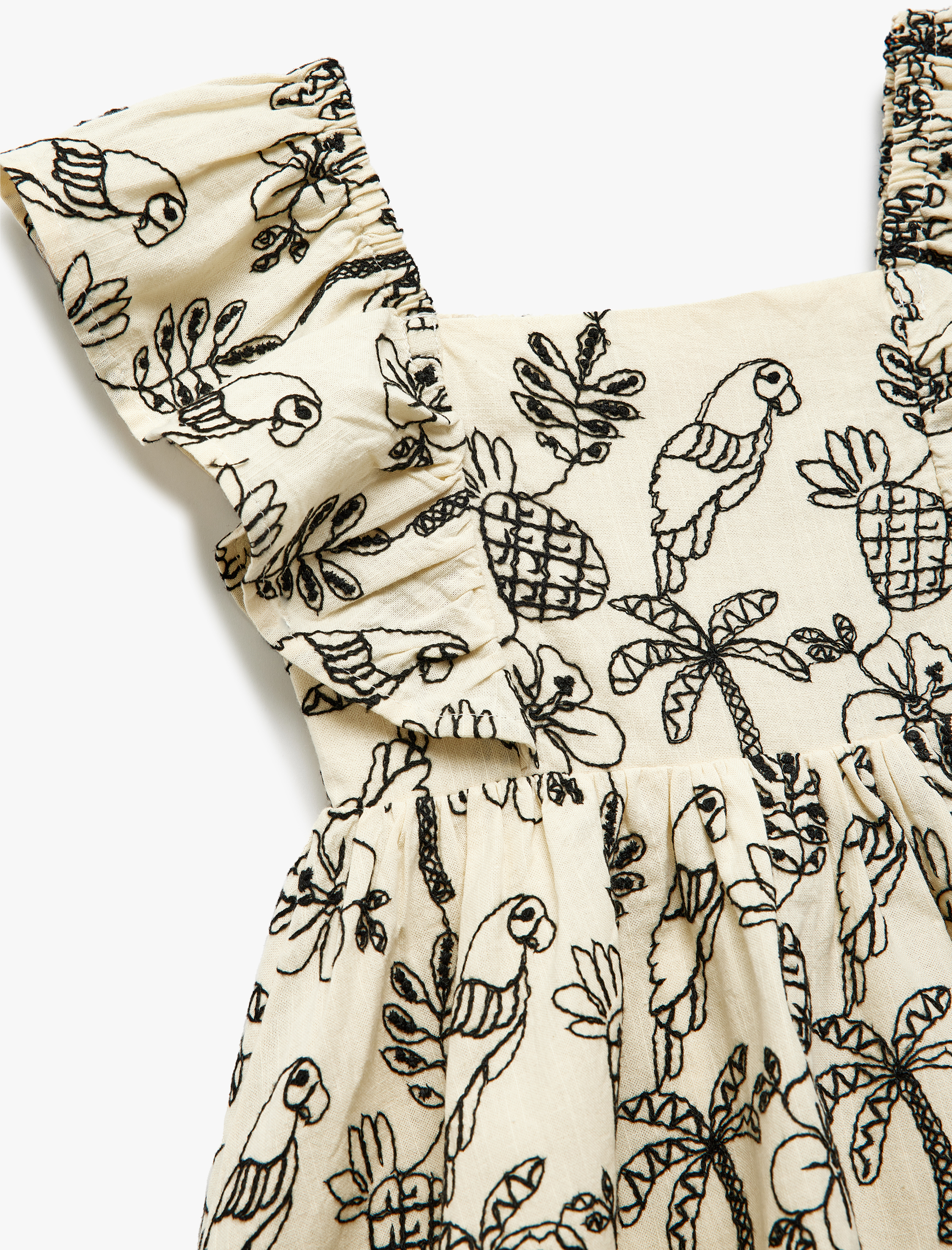  Kız Bebek Pamuklu Kare Yaka Kolsuz Gipe Detaylı İşlemeli Fırfırlı Elbise