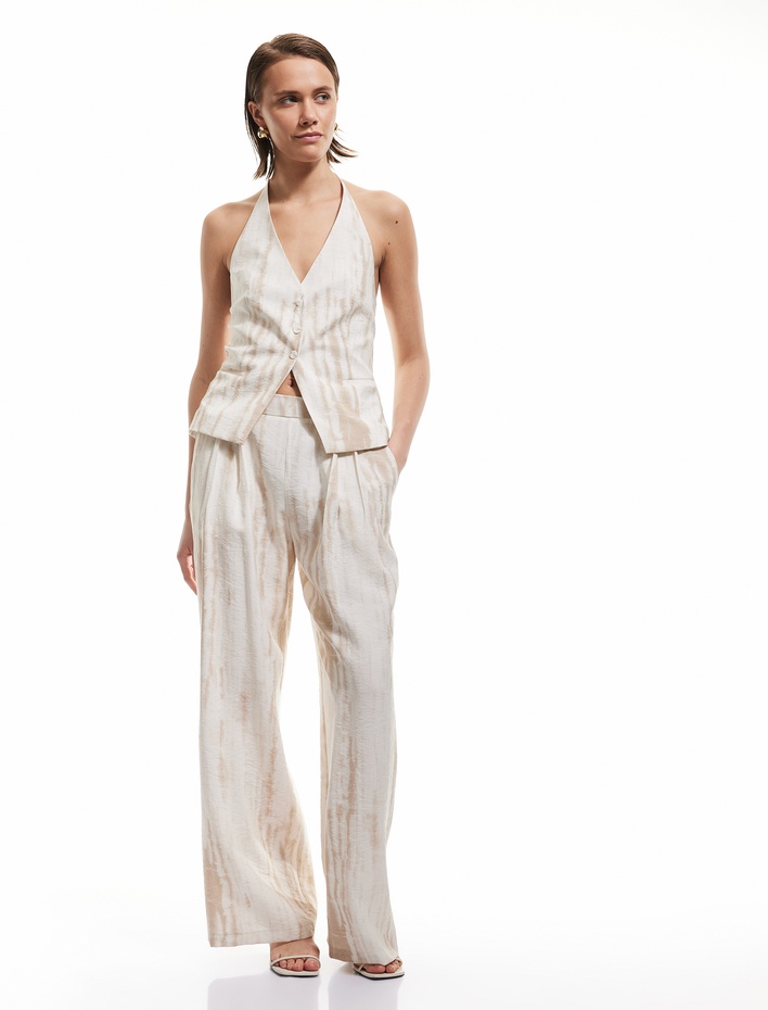  Viskon Karışımlı Batik Desenli Cepli Yüksek Bel Düz Bol Paça Pantolon