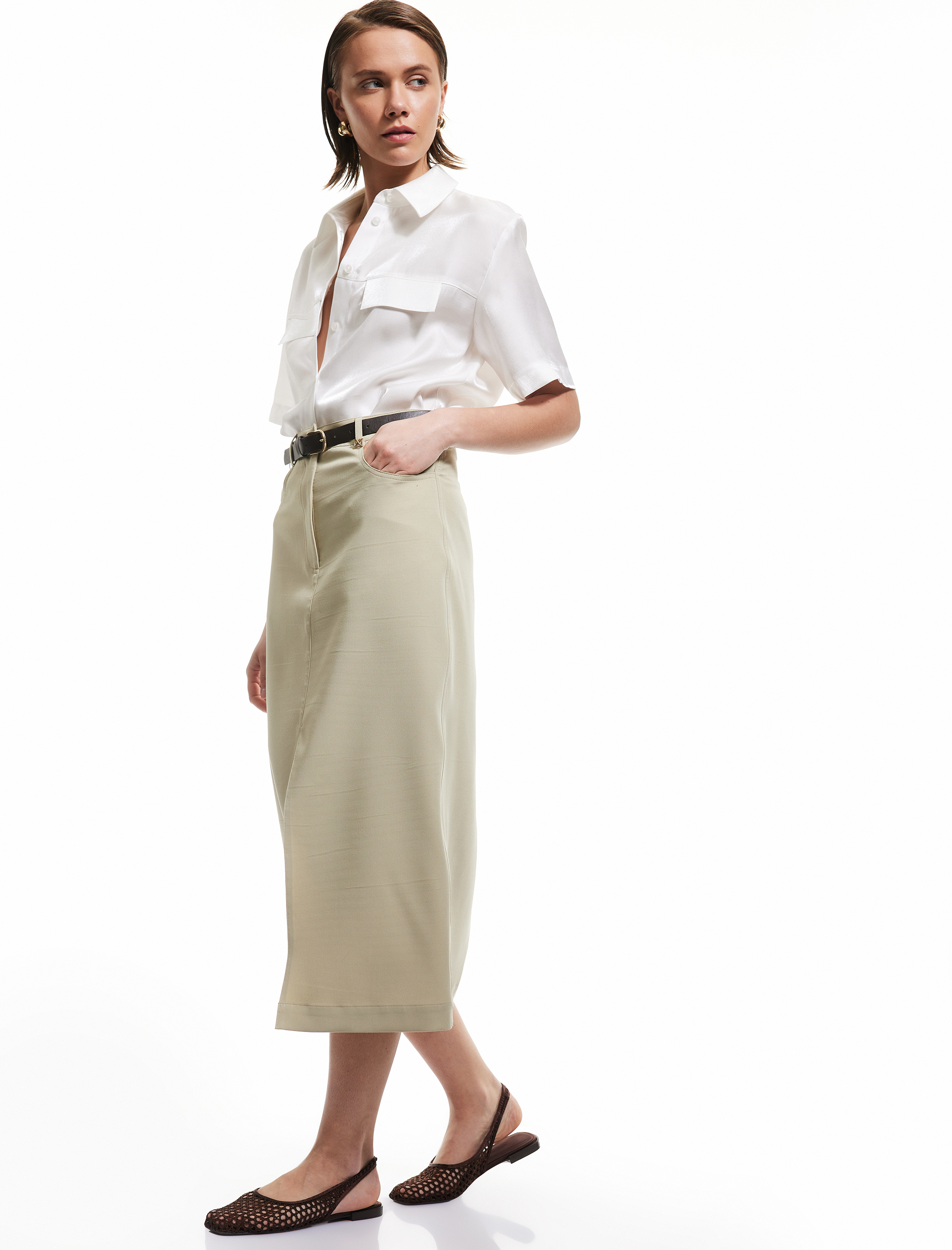   Pamuklu Önden Yırtmaç Detaylı Cepli Midi Kalem Etek