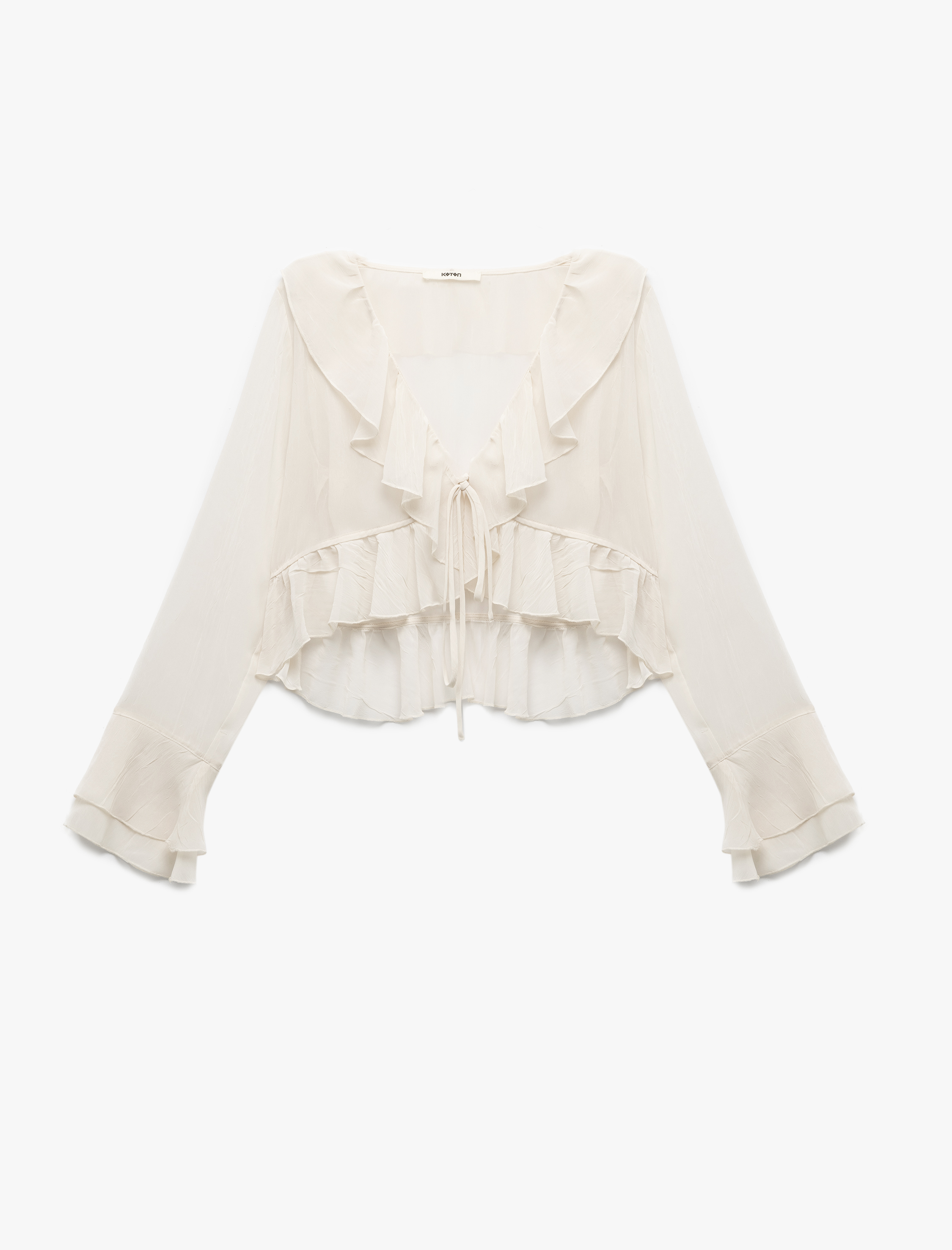 Önden Bağlama Detaylı Asimetrik Uzun Kollu Fırfırlı Crop Bluz