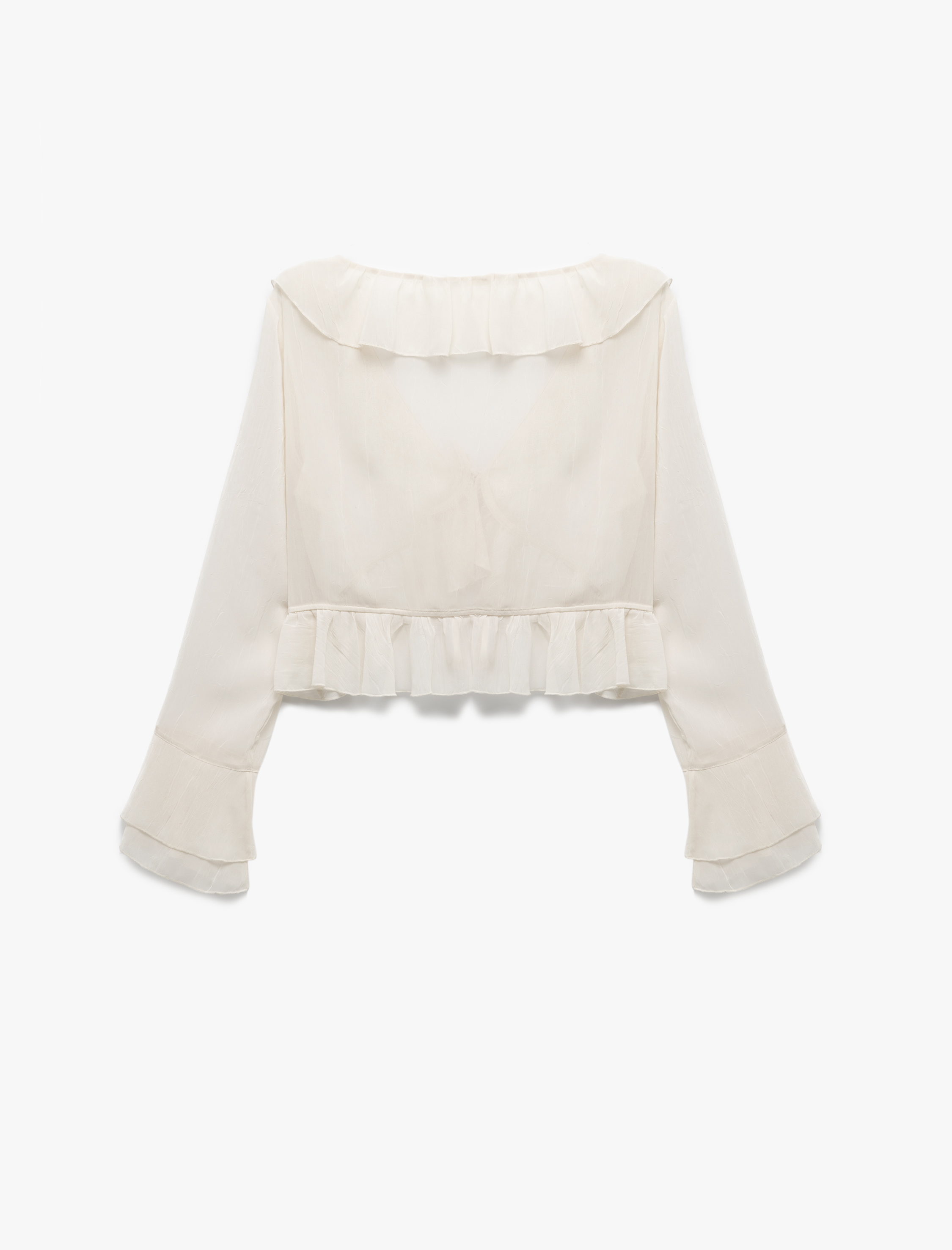 Önden Bağlama Detaylı Asimetrik Uzun Kollu Fırfırlı Crop Bluz