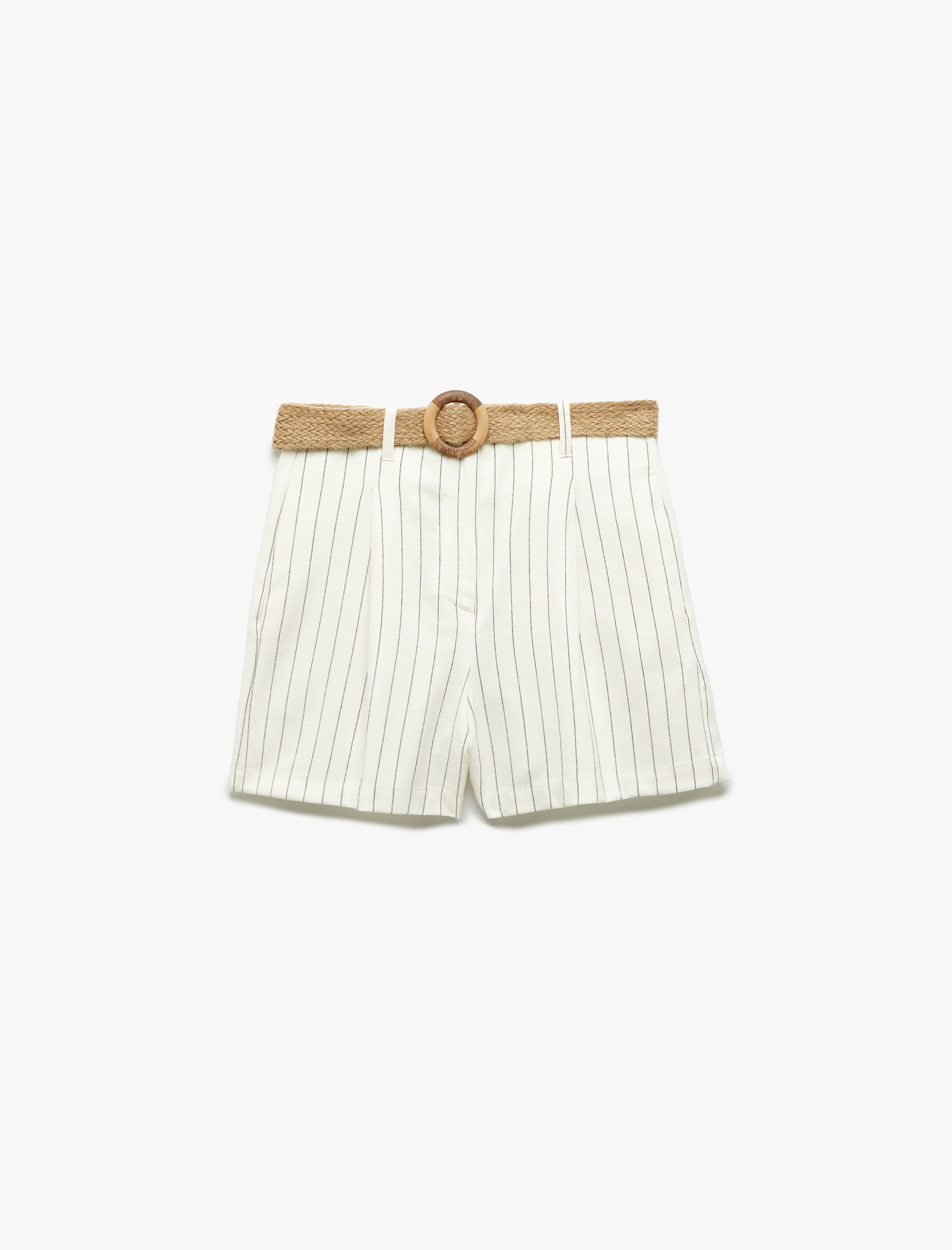   Viskon Kumaş Hasır Kemer Detaylı Cepli Yüksek Bel Mini Şort