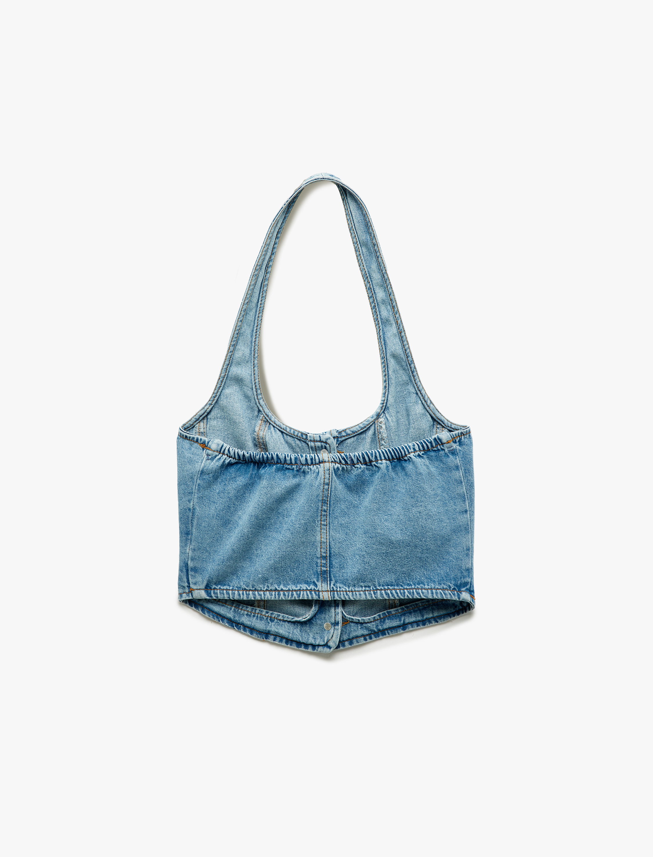   Halter Yaka Düğmeli Dar Kesim Kolsuz Crop Denim Üst