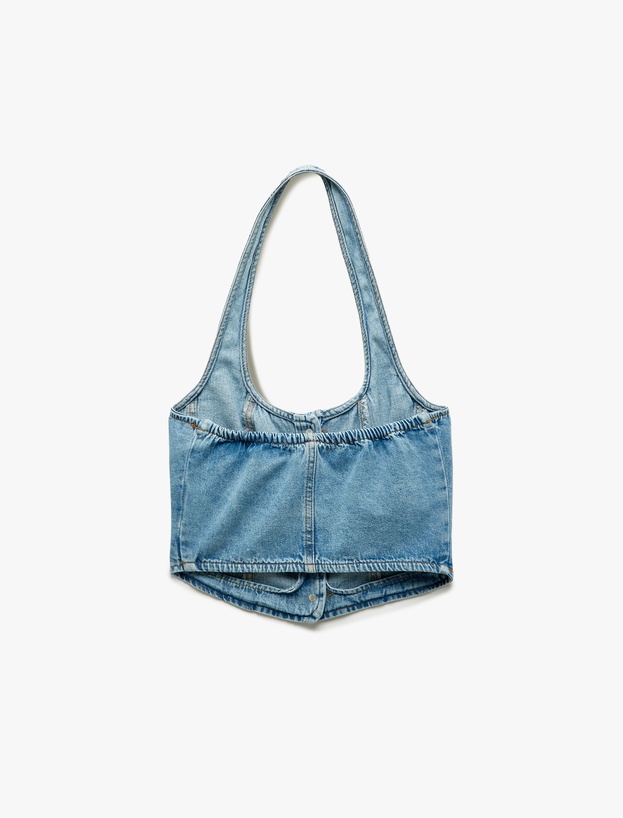 Halter Yaka Düğmeli Dar Kesim Kolsuz Crop Denim Üst_4