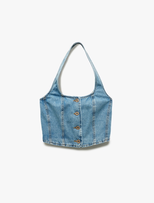 Halter Yaka Düğmeli Dar Kesim Kolsuz Crop Denim Üst_3