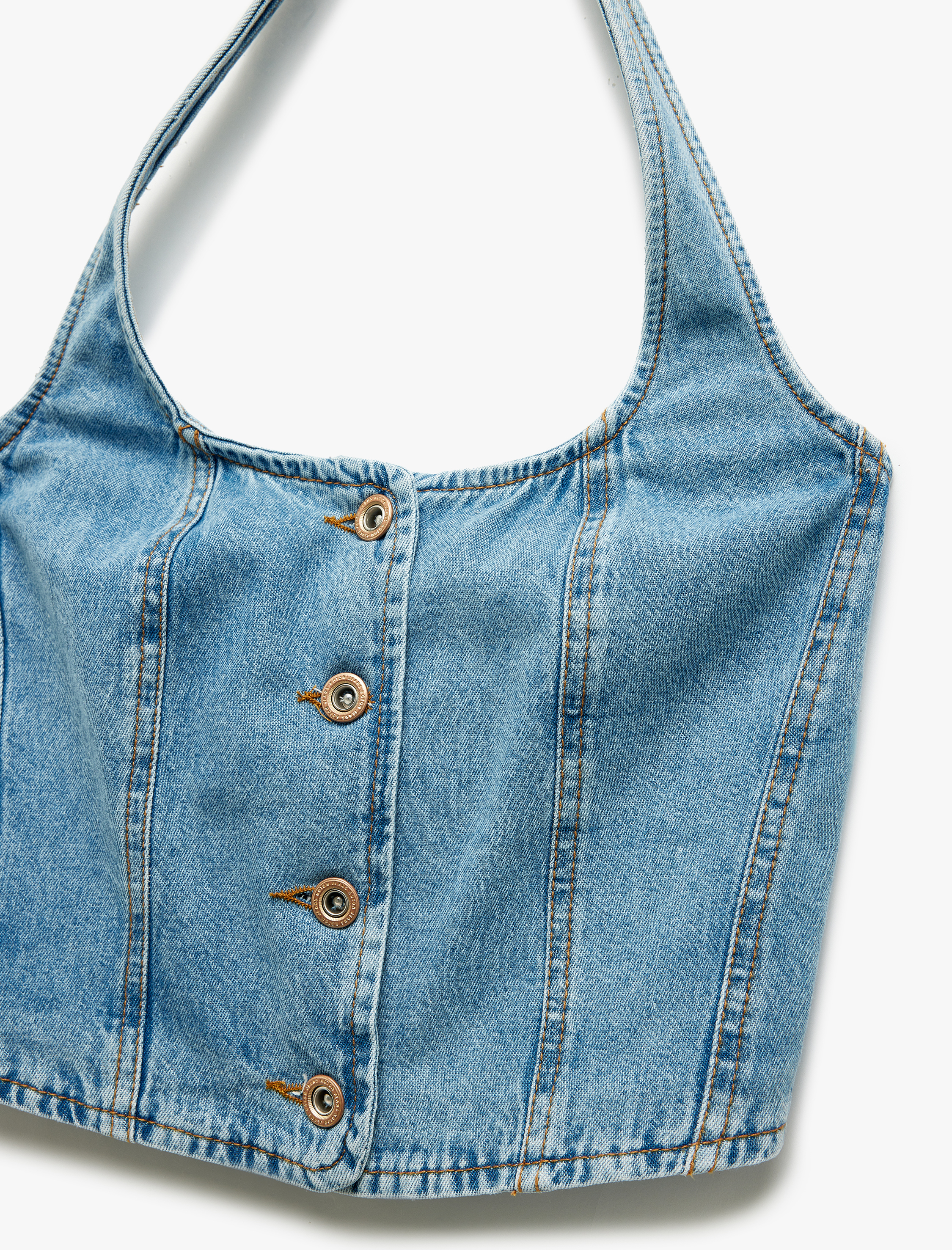   Halter Yaka Düğmeli Dar Kesim Kolsuz Crop Denim Üst