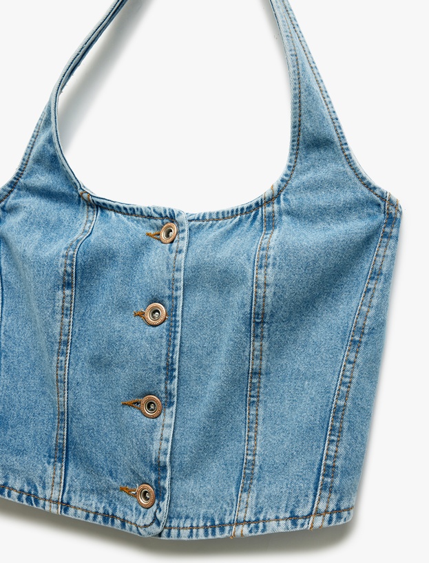 Halter Yaka Düğmeli Dar Kesim Kolsuz Crop Denim Üst_5