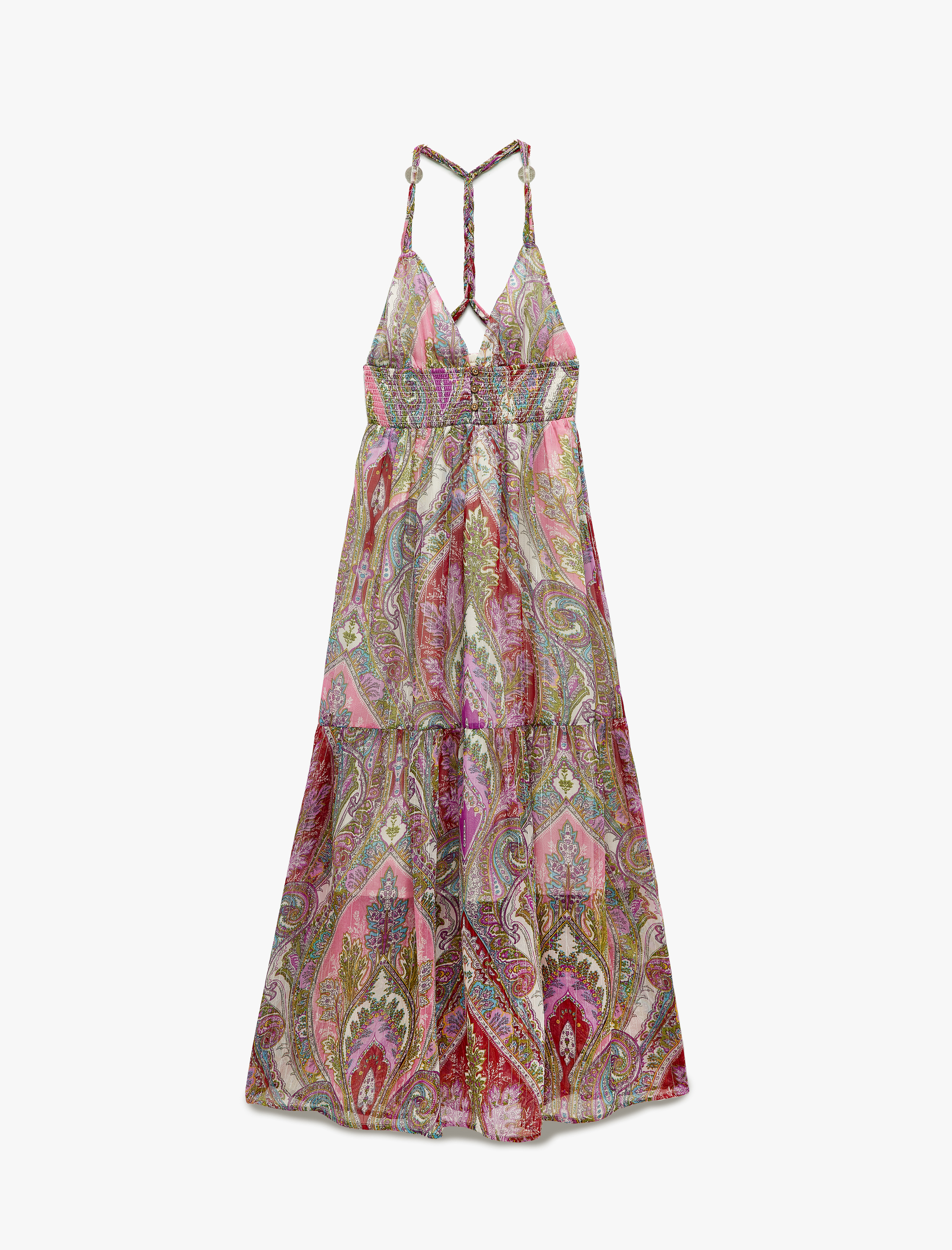   Astarlı Etnik Desenli Kat Kat Halter Yaka Askılı Uzun Şifon Elbise