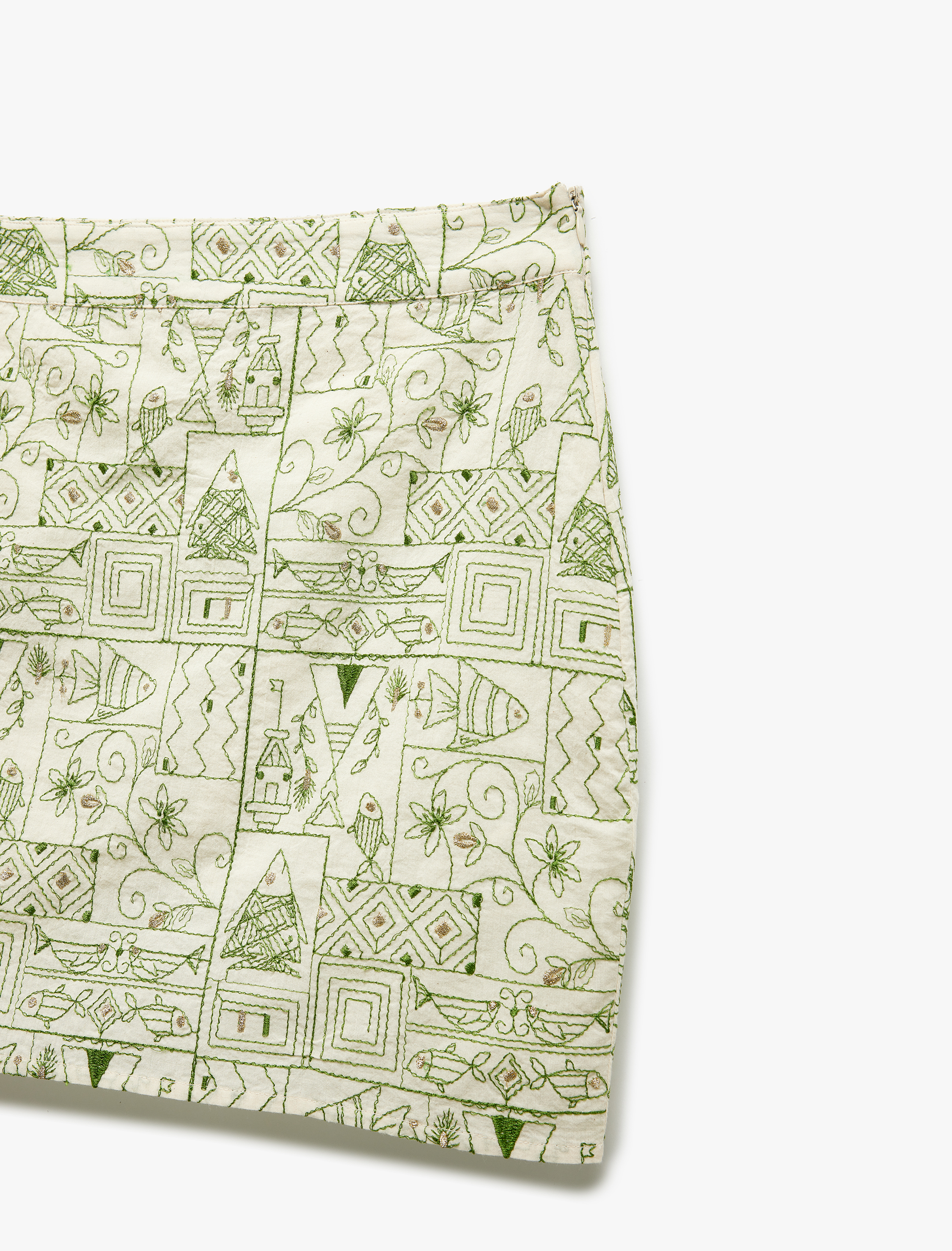   Slim Fit Pamuklu Fistolu Brodeli Taş İşlemeli Balık Desenli Mini Etek