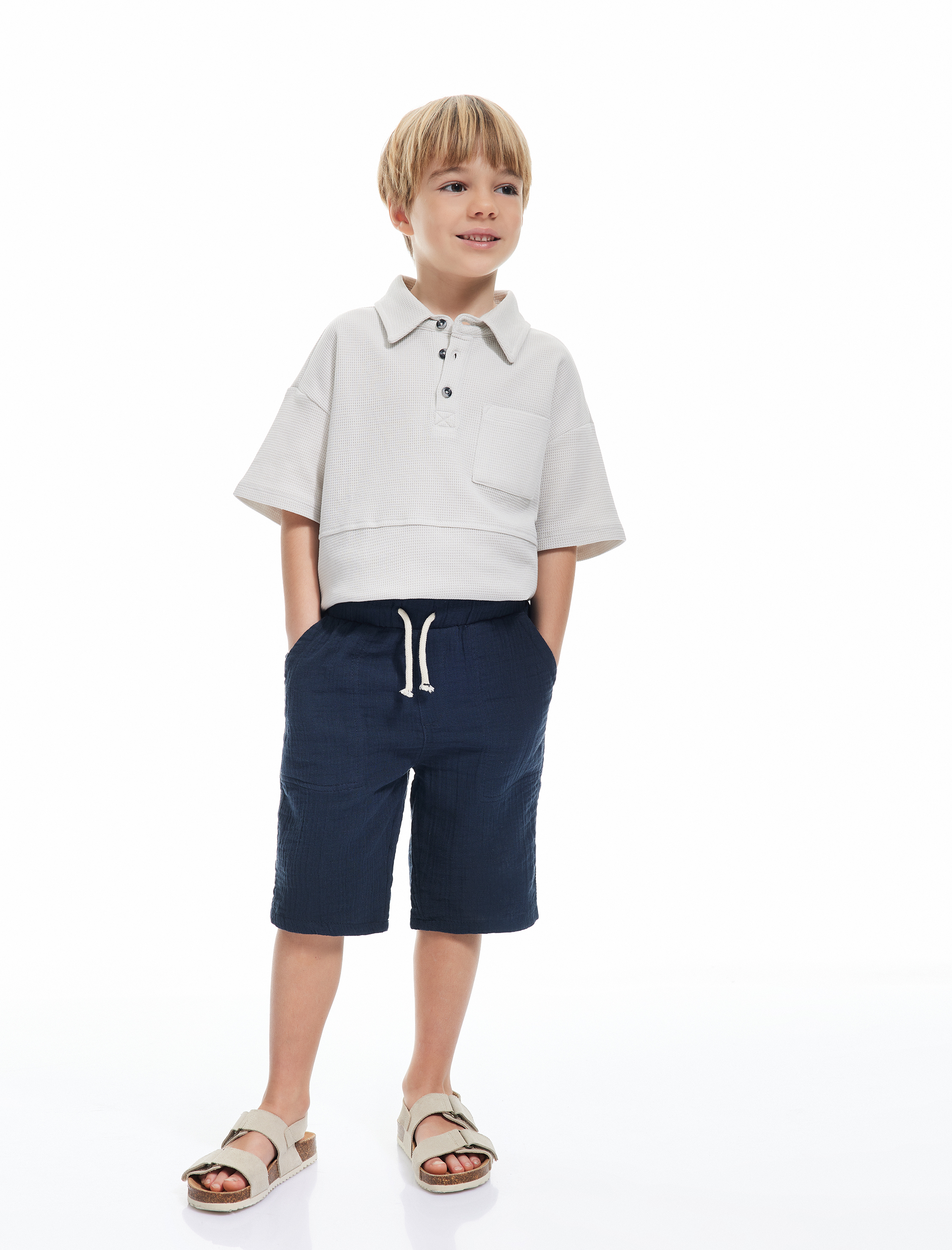  Erkek Çocuk Basic Şort Dokulu Beli Bağlamalı Cepli Pamuklu