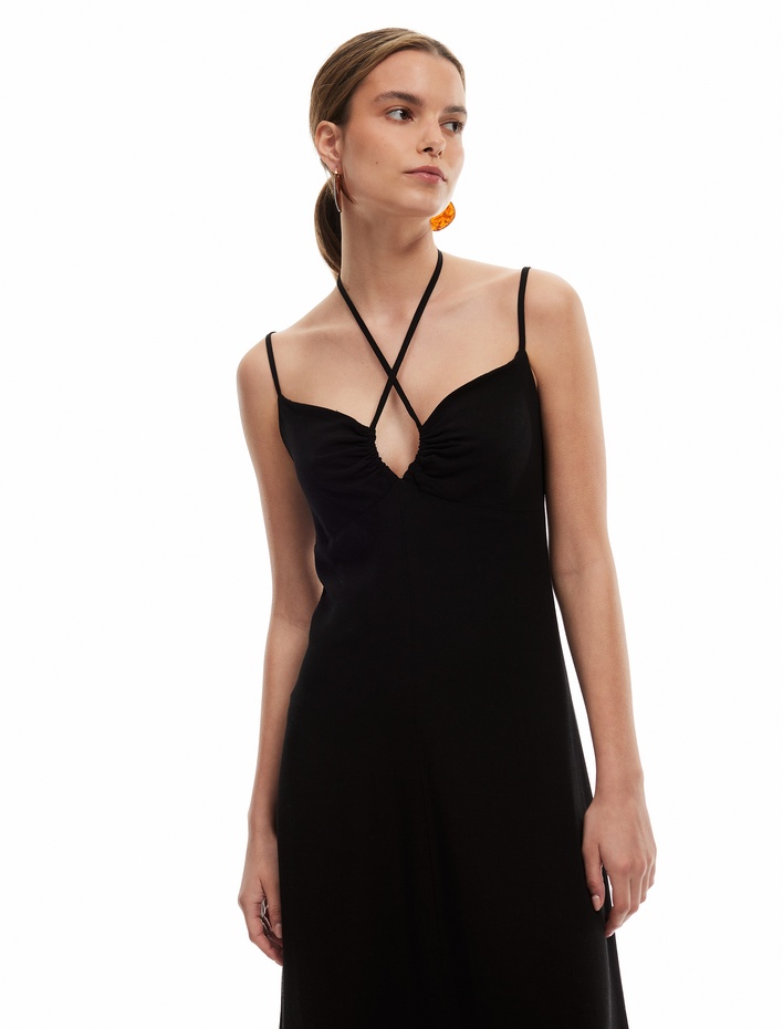  Viskon Keten Karışımlı Önü Drapeli Bağlama Detaylı Askılı Uzun Elbise