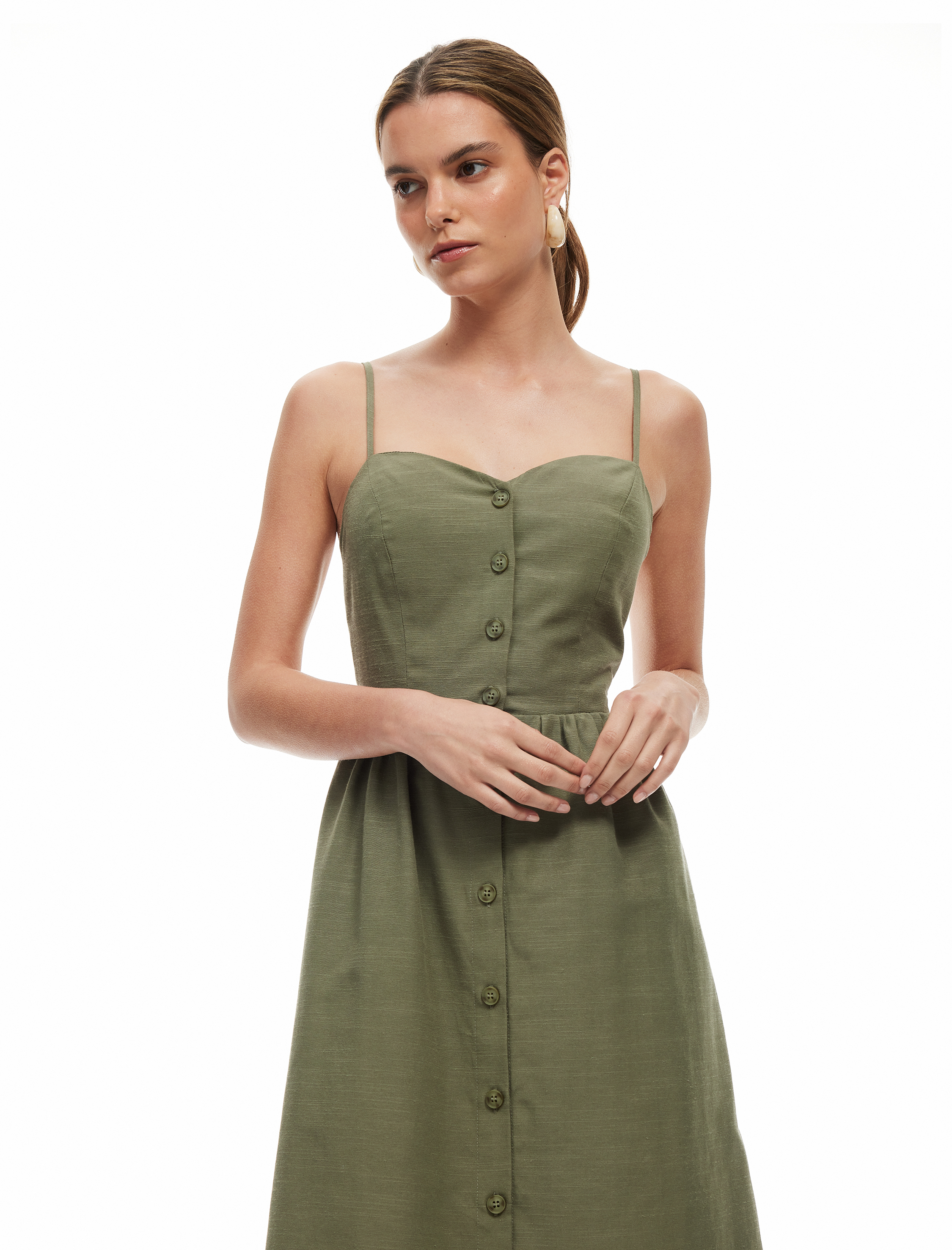   Arkası Gipe Detaylı Düğmeli İnce Askılı Midi Boy Elbise