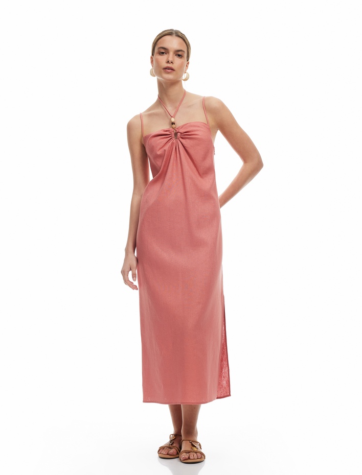  Büzgü Detaylı Boncuklu İnce Askılı Uzun Keten Elbise