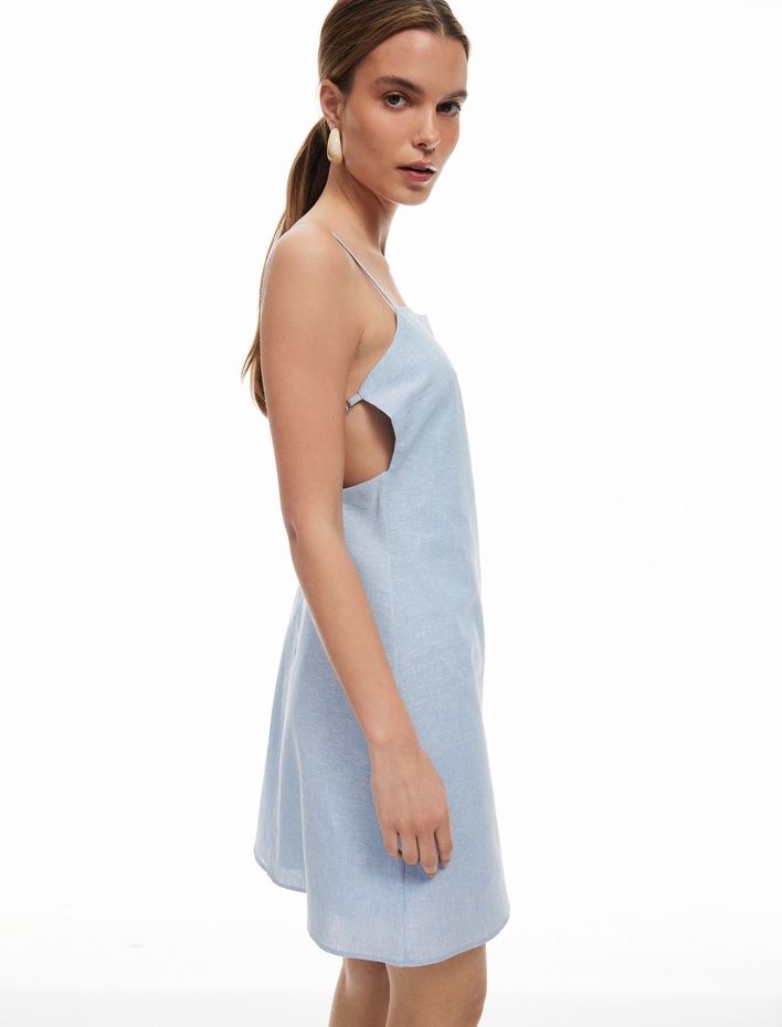  Arkası Dekolteli Keten Karışımlı İnce Askılı Kadın Mini Elbise
