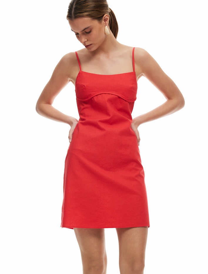  Arkası Bağlama Detaylı Slim Fit İnce Askılı Keten Elbise