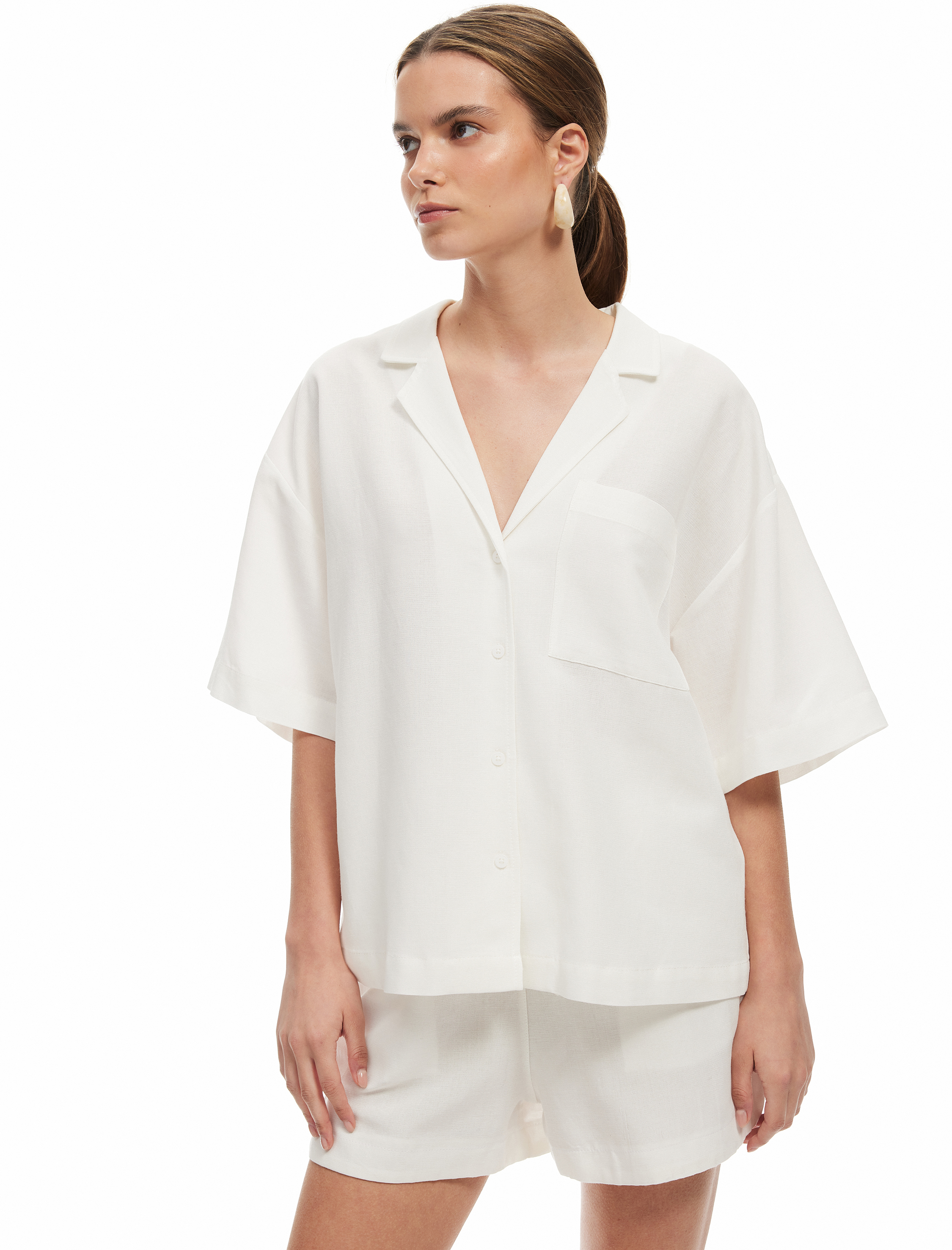 Viskon- Keten Karışımlı Cepli Kısa Kollu Oversize Gömlek