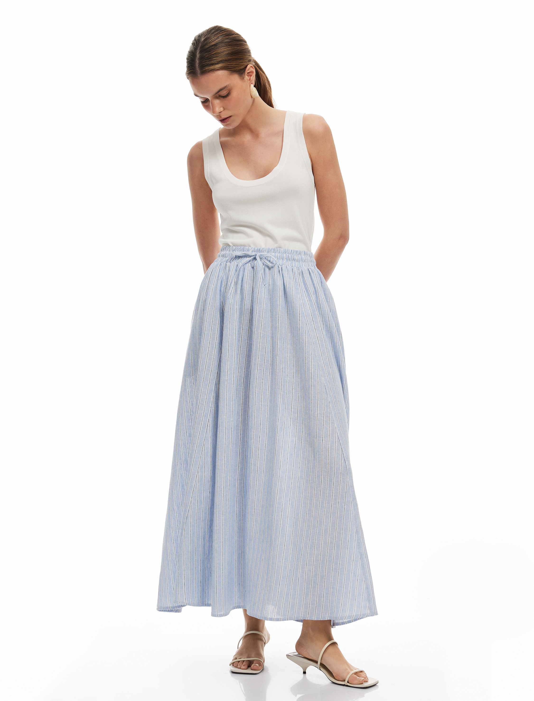   Beli Lastikli Bağlamalı Cepli A Kesim Uzun Keten Etek