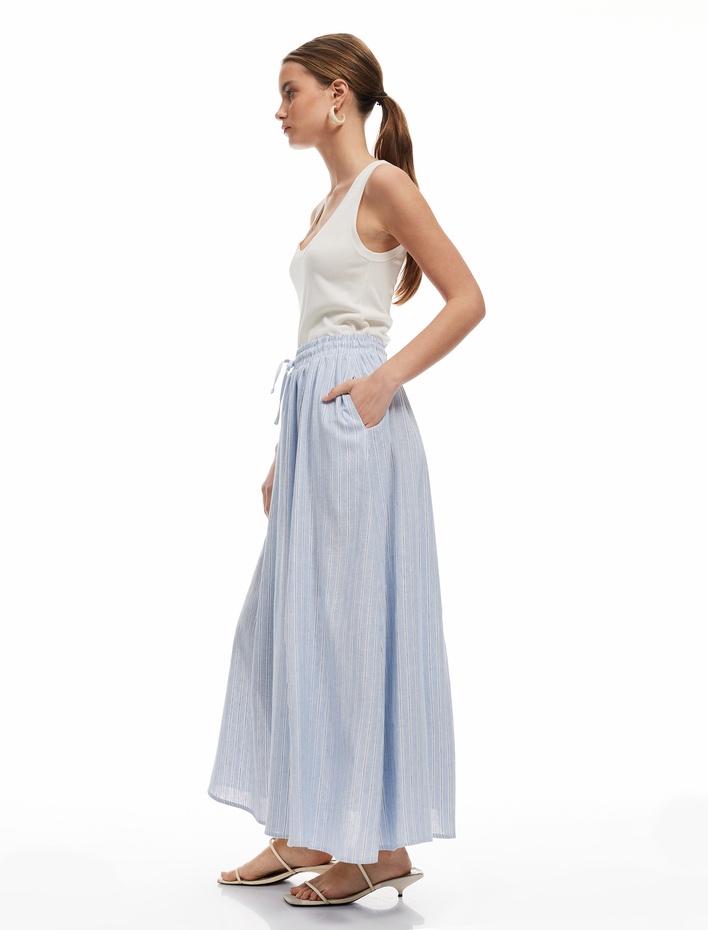  Beli Lastikli Bağlamalı Cepli A Kesim Uzun Keten Etek